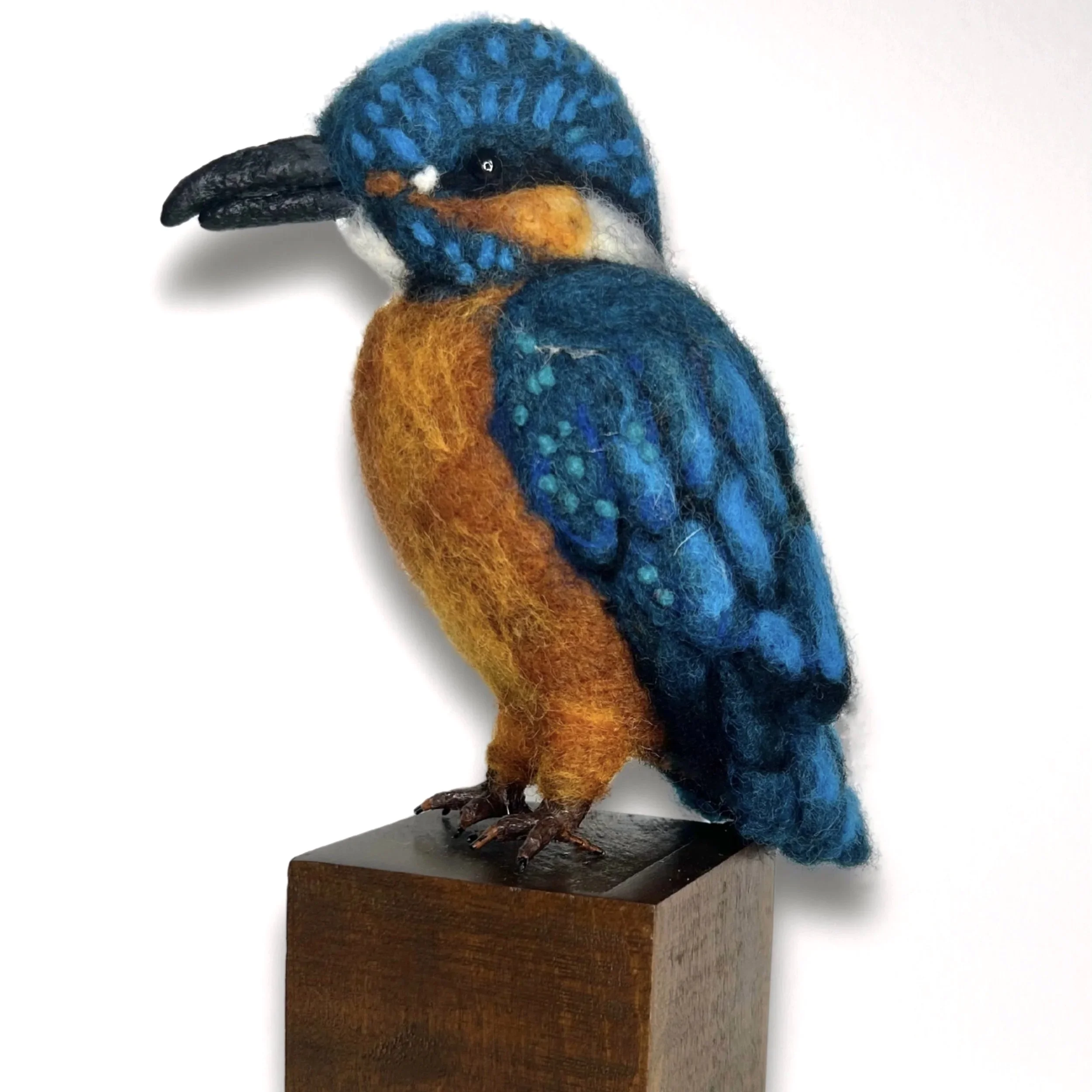Needle Felted Kingfisher Sculpture (Mounted on Wood)