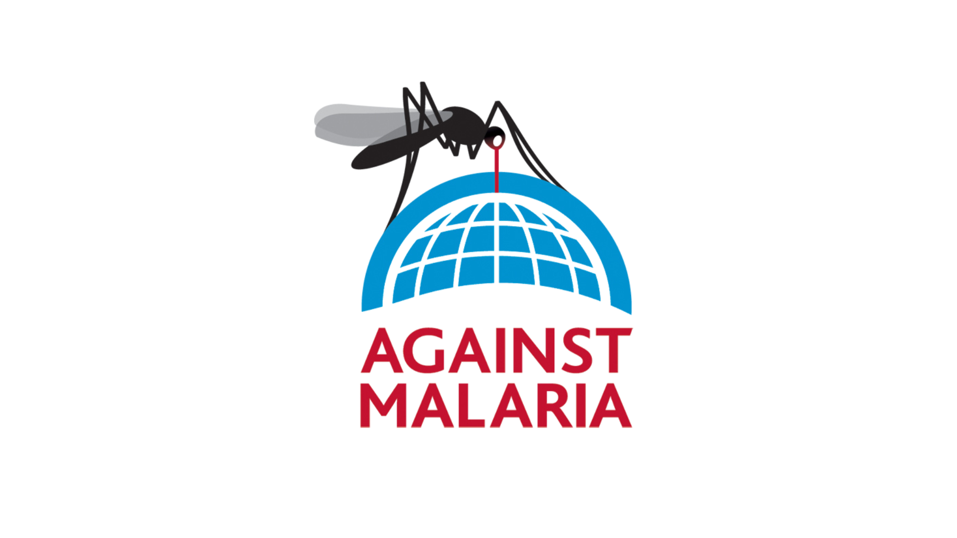 A mosquito perched on a stylized globe with a red needle pointing to it, and the words 'Against Malaria' below in red.