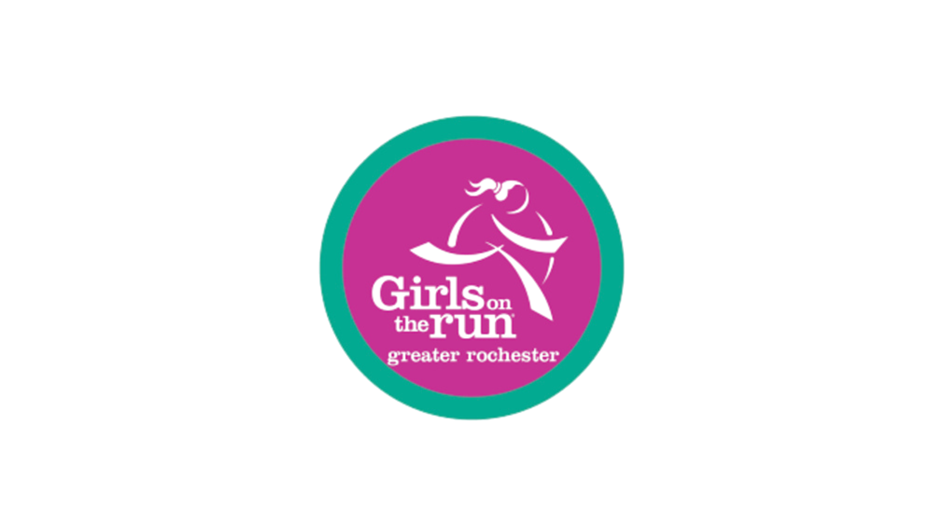 Logo for Girls on the Run of Greater Rochester featuring a stylized female runner in purple and white, with pink and green text.