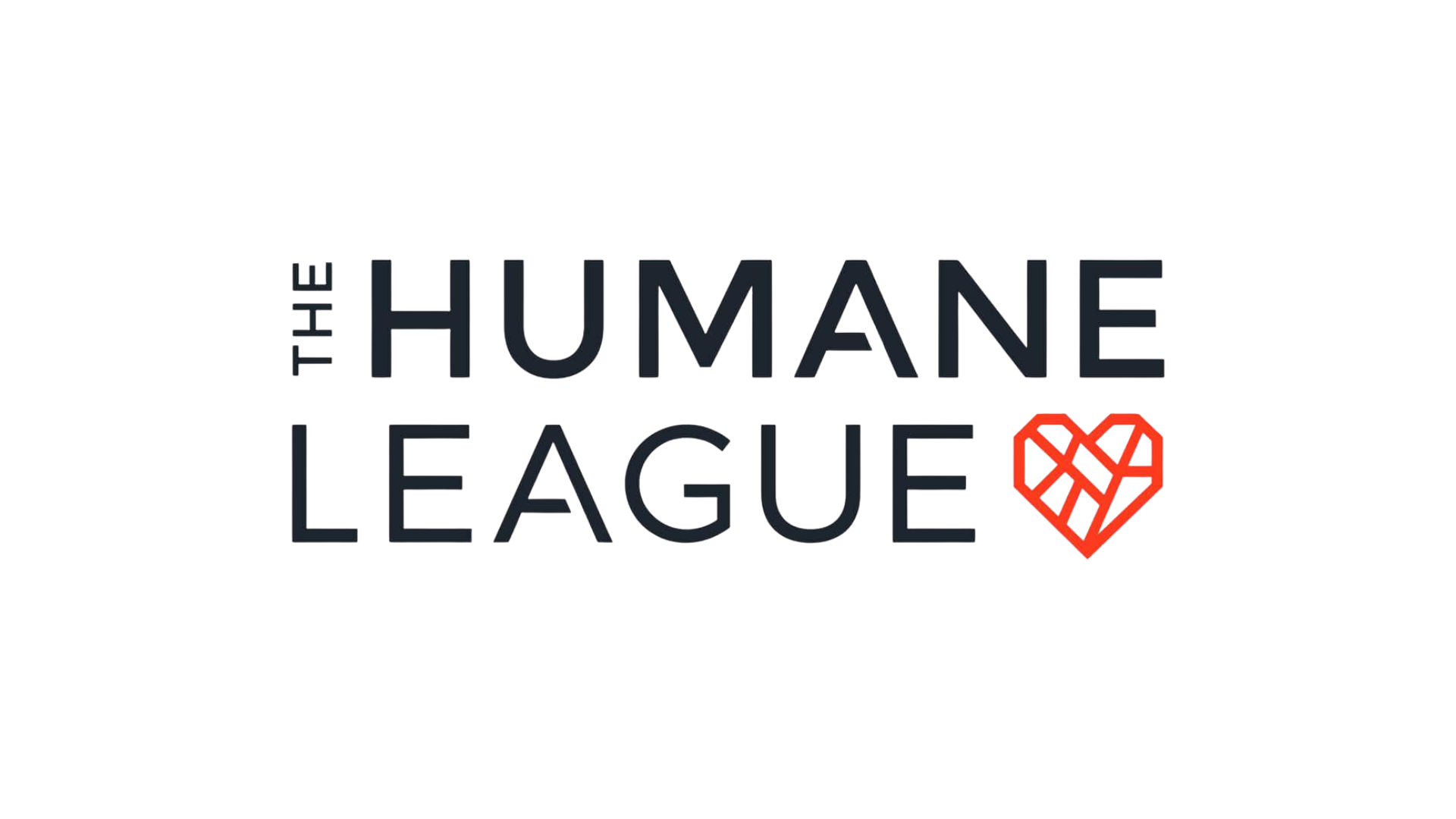 The logo of The Humane League with black text and a red geometric heart symbol on a white background.