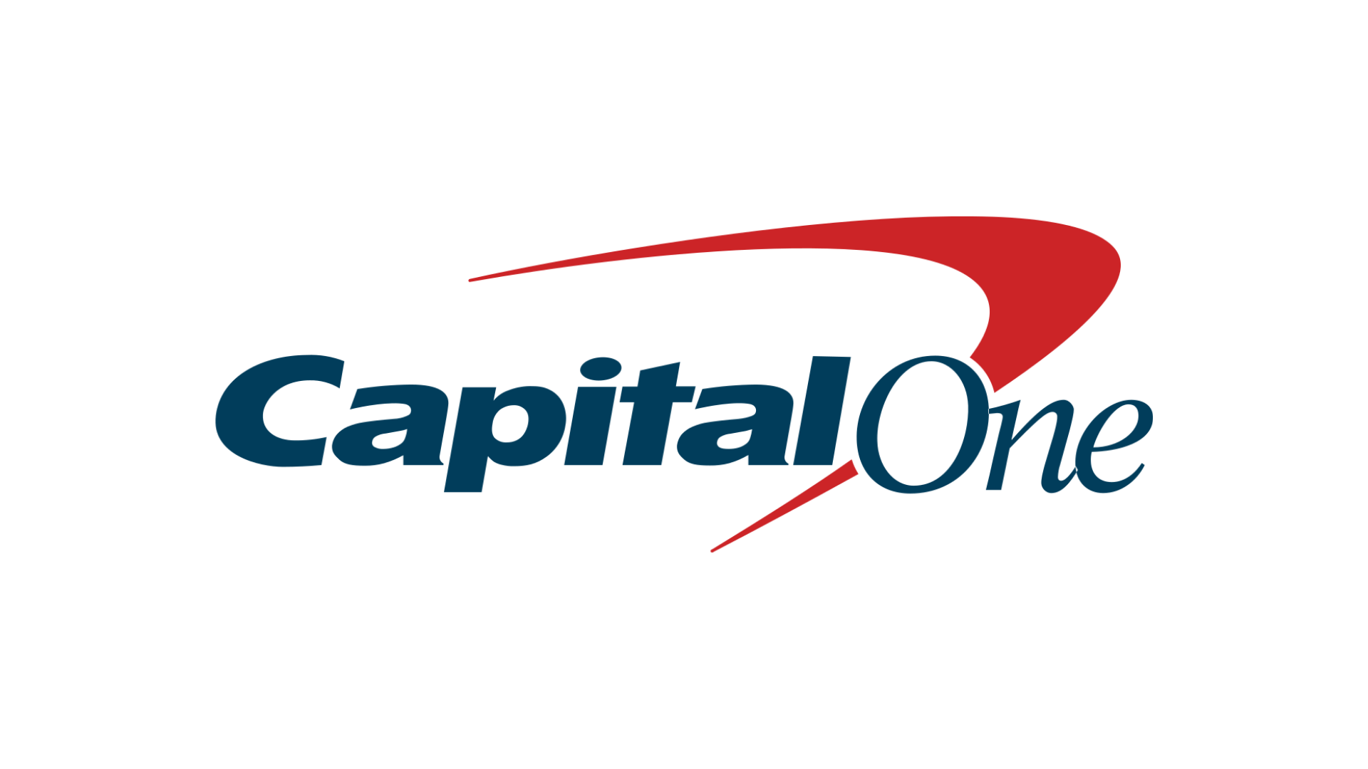 Logo of Capital One bank with blue text and a red swoosh design.