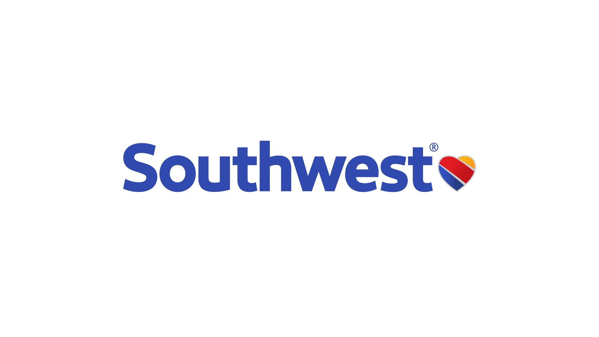 Southwest Airlines logo with a blue wordmark and a heart-shaped symbol with red, yellow, dark blue, and red stripes.