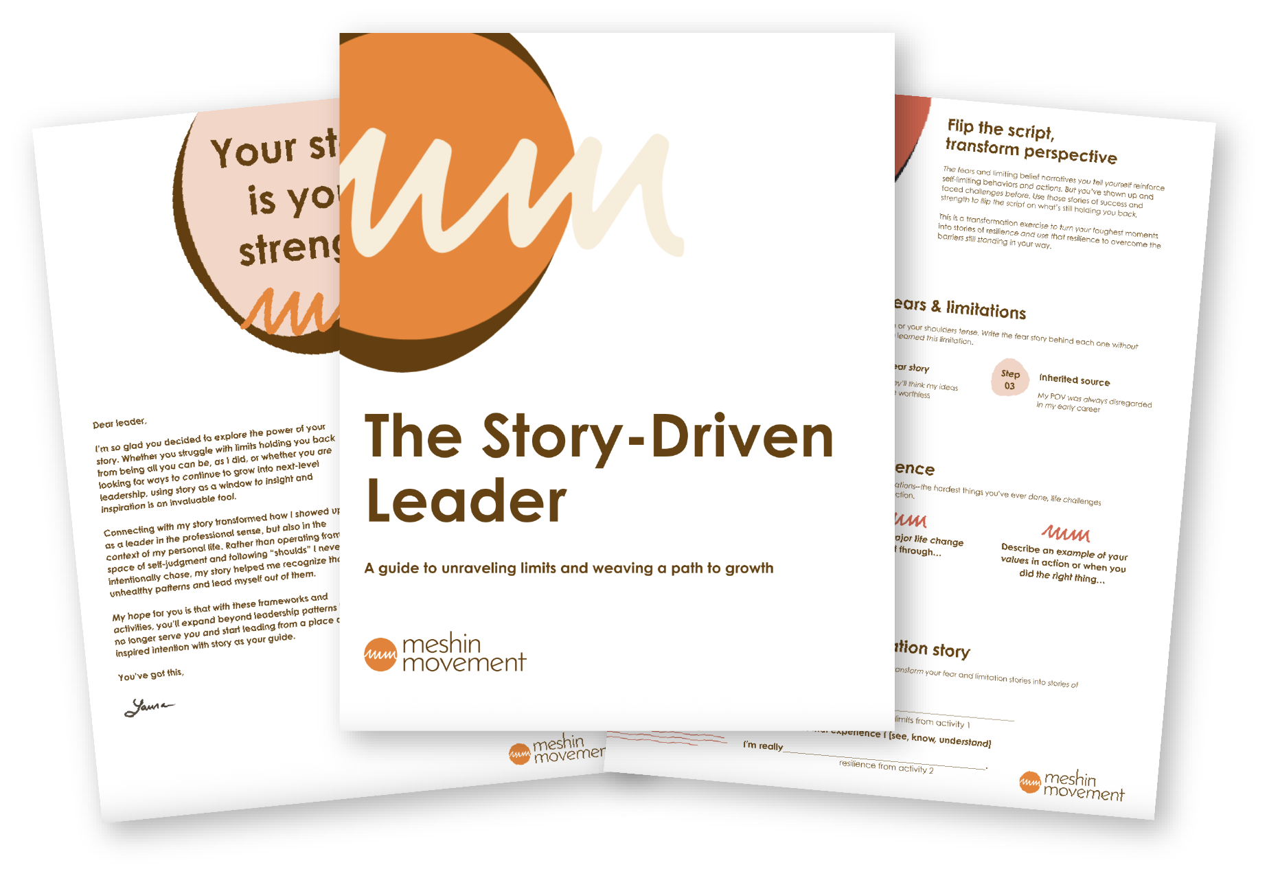 Cover page titled 'The Story-Driven Leader' with a subtitle 'A guide to unraveling limits and weaving a path to growth' and a logo for Meshin Movement, with two additional pages partially visible behind it.