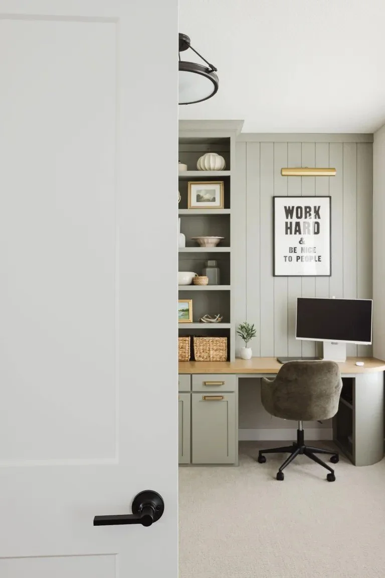 Orchard Park, NY - Interior design & Custom Cabinetry - Office Remodel: If you’ve ever worked from home, you want an office remodel like! With two workstations, decorative open shelving, thoughtful organization, and intentional design, this office ha