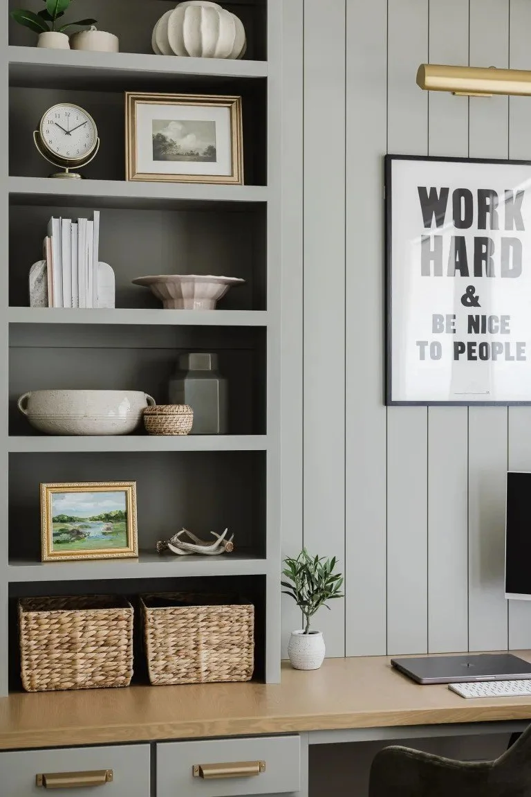 Orchard Park, NY - Interior design & Custom Cabinetry - Office Remodel: If you’ve ever worked from home, you want an office remodel like! With two workstations, decorative open shelving, thoughtful organization, and intentional design, this office ha