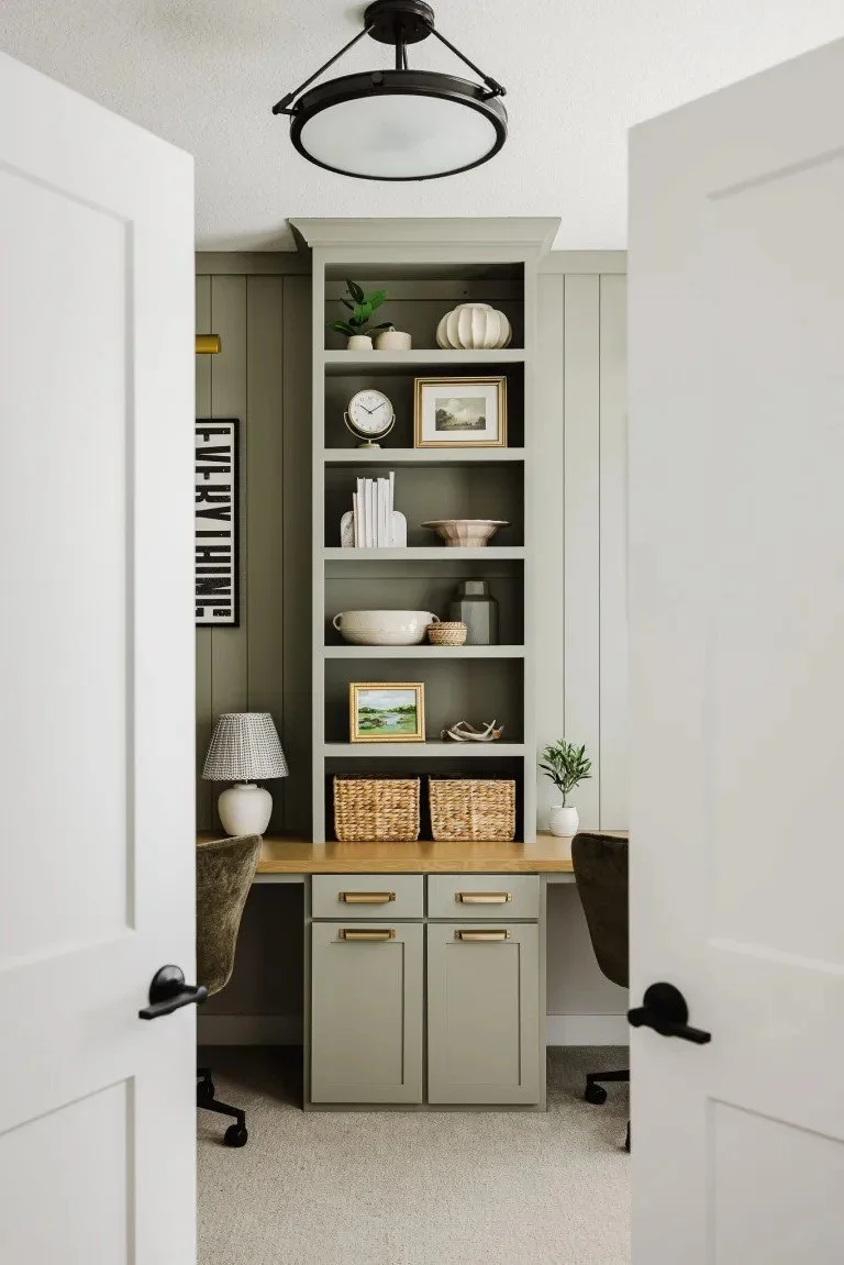 Orchard Park, NY - Interior design & Custom Cabinetry - Office Remodel: If you’ve ever worked from home, you want an office remodel like! With two workstations, decorative open shelving, thoughtful organization, and intentional design, this office ha