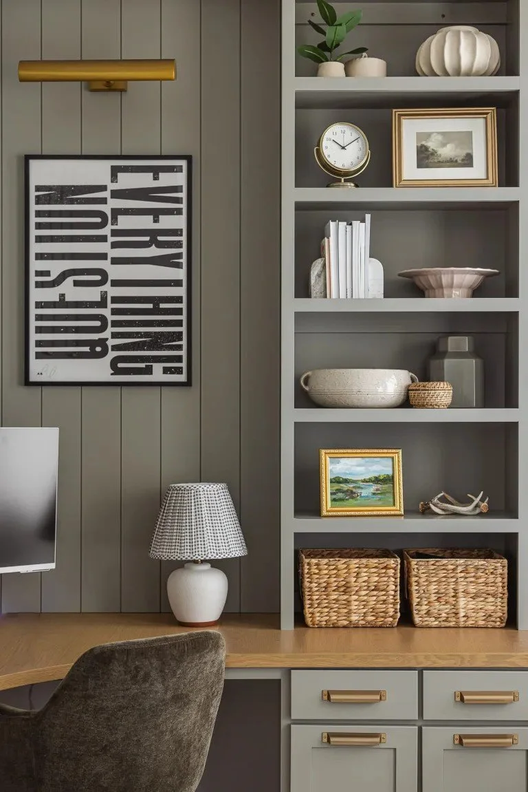 Orchard Park, NY - Interior design & Custom Cabinetry - Office Remodel: If you’ve ever worked from home, you want an office remodel like! With two workstations, decorative open shelving, thoughtful organization, and intentional design, this office ha