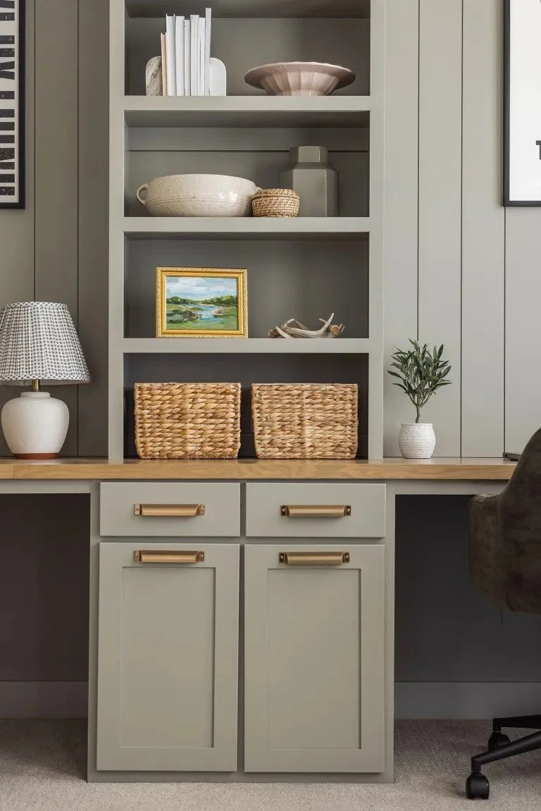 Orchard Park, NY - Interior design & Custom Cabinetry - Office Remodel: If you’ve ever worked from home, you want an office remodel like! With two workstations, decorative open shelving, thoughtful organization, and intentional design, this office ha
