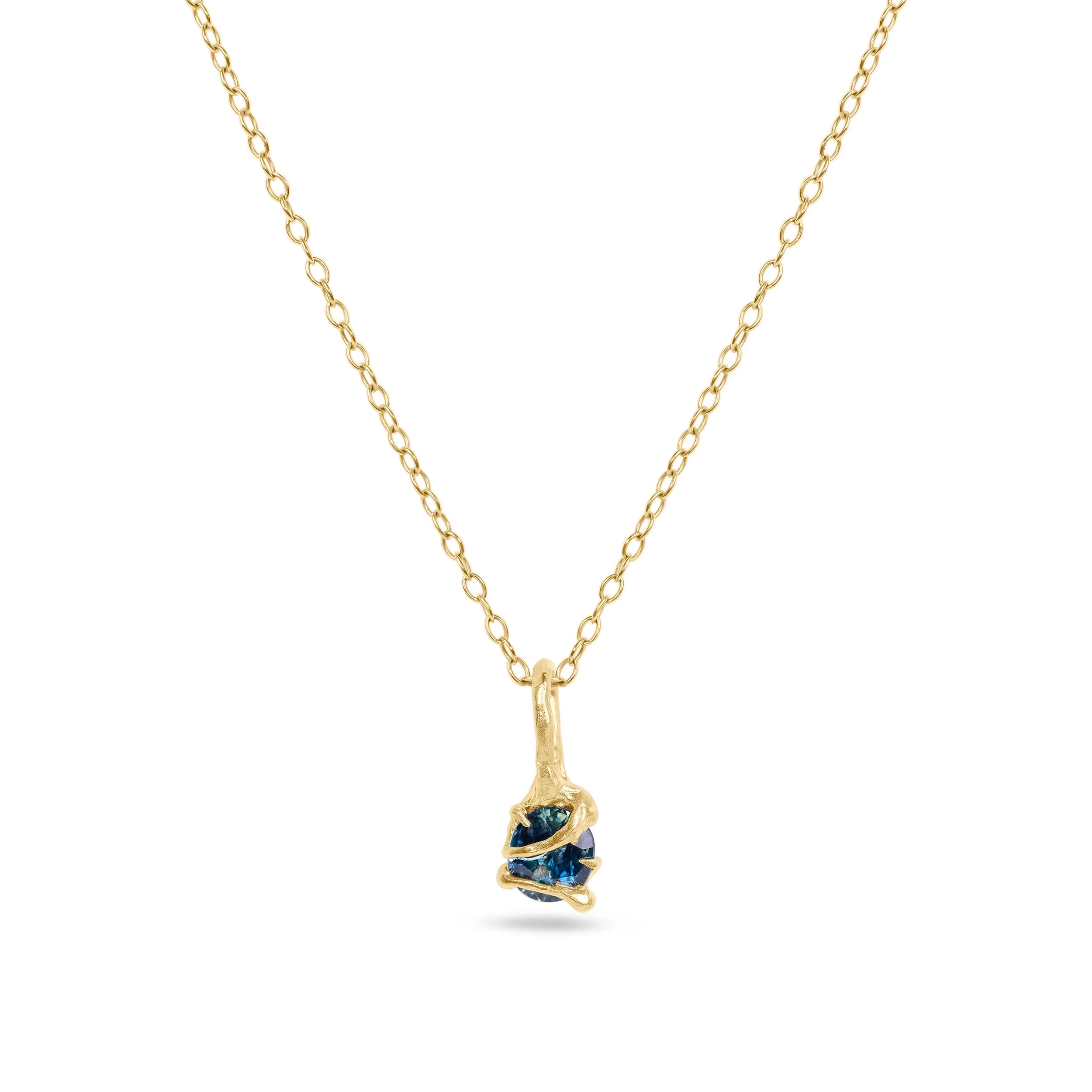 'Tendril' Teal Sapphire and Solid Gold Pendant Necklace