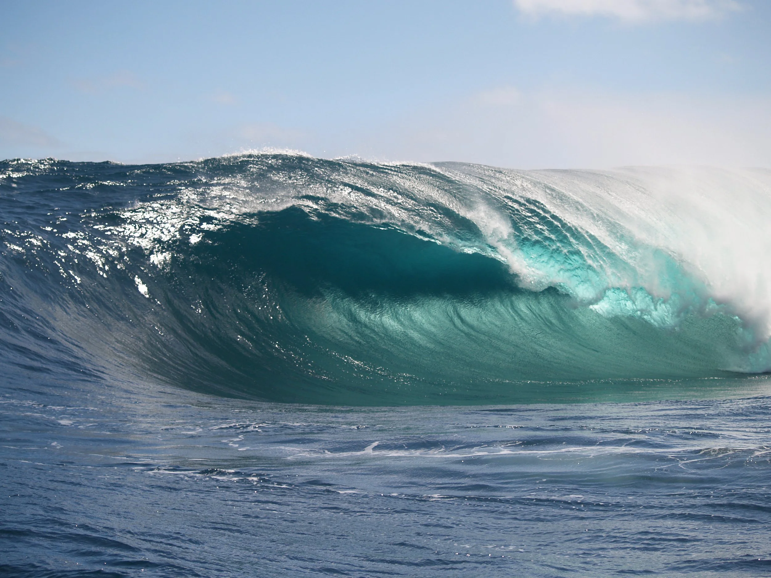A large ocean wave with a clear sky in the background.