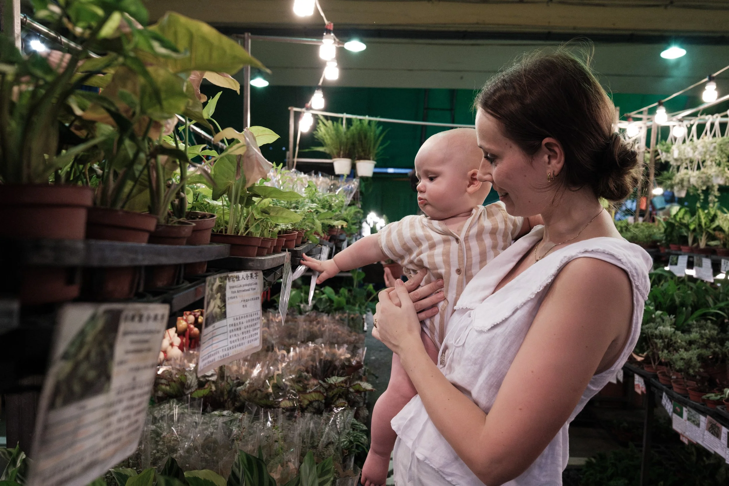 A mother is helping her baby reach out and touch a plant at the Jinguo Flower Market in Taipei. The mother is looking down and smiling at her son.
