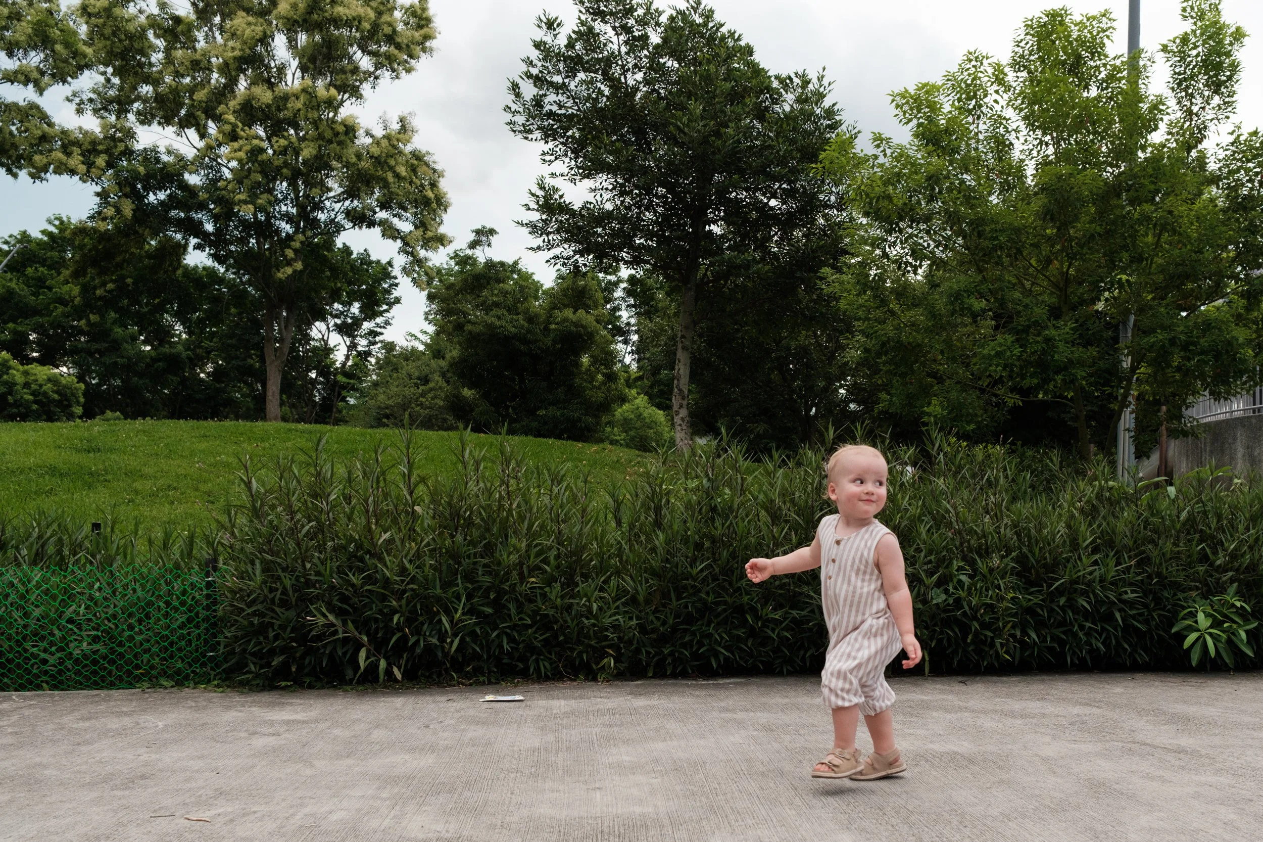A toddler boy is running away from his parents and looking back at them with a mischievous smile.