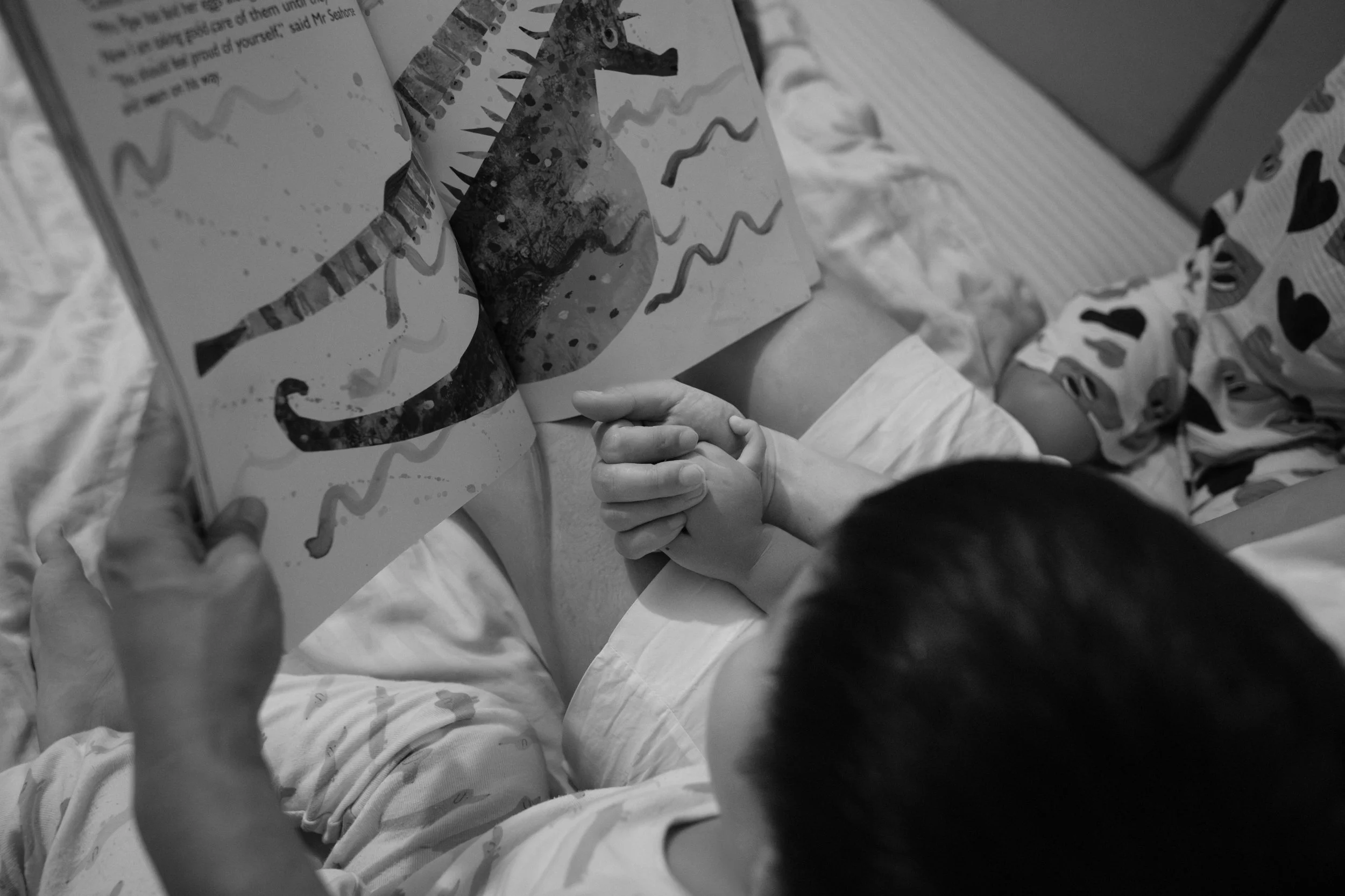 Taipei family photographer's documentary image of a parent and child's clasped hands over a bedtime storybook illustration of a seahorse.