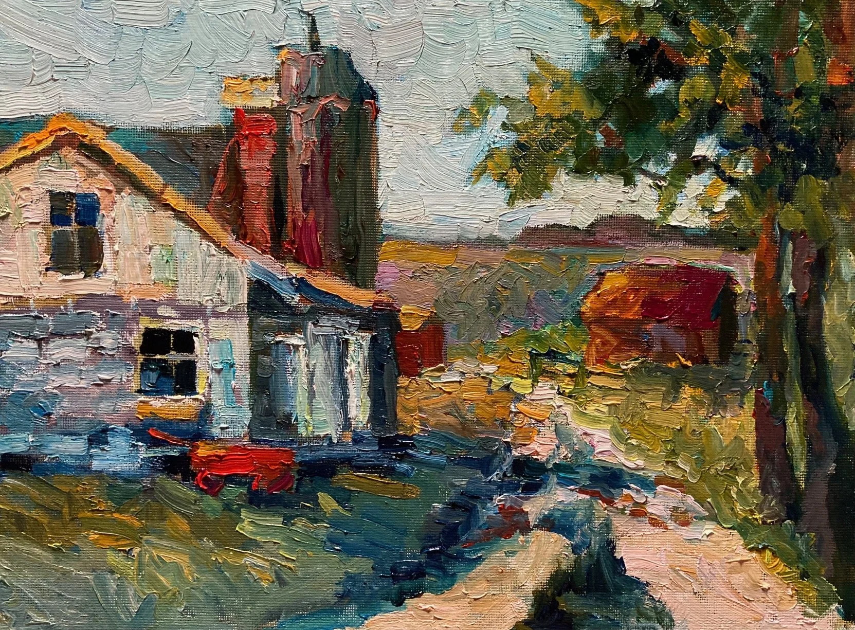 An oil painting of a rural scene featuring a house with a chimney, a barn, a tree with green and yellow leaves, and a dirt path, rendered with textured brushstrokes.
