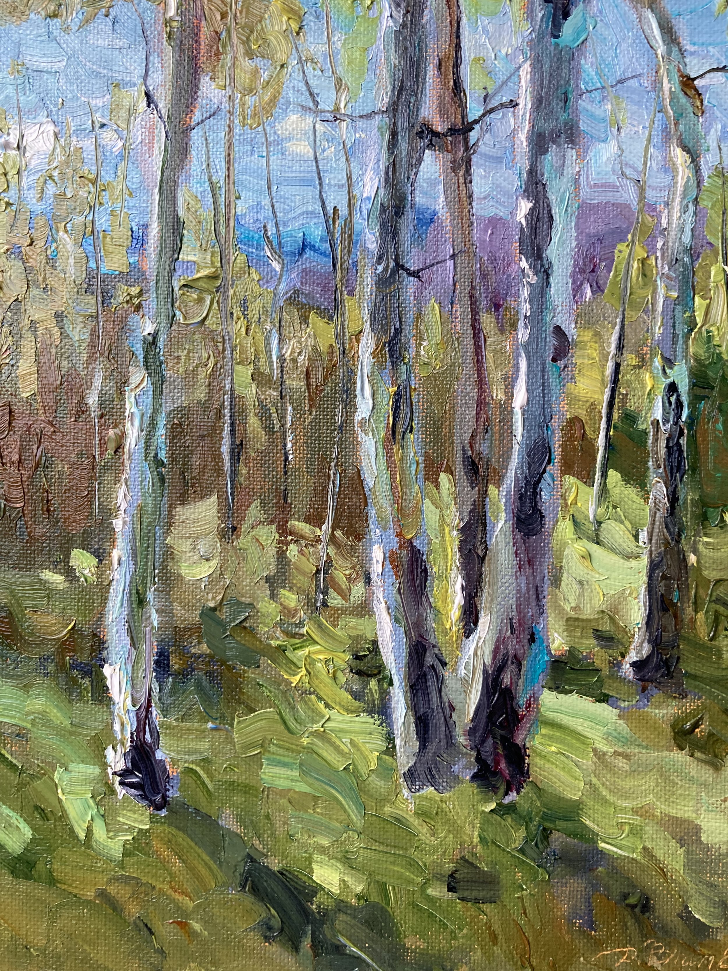 An impressionist painting of a forest scene with tall, thin trees and green foliage, painted with thick, textured brushstrokes and a vibrant color palette.