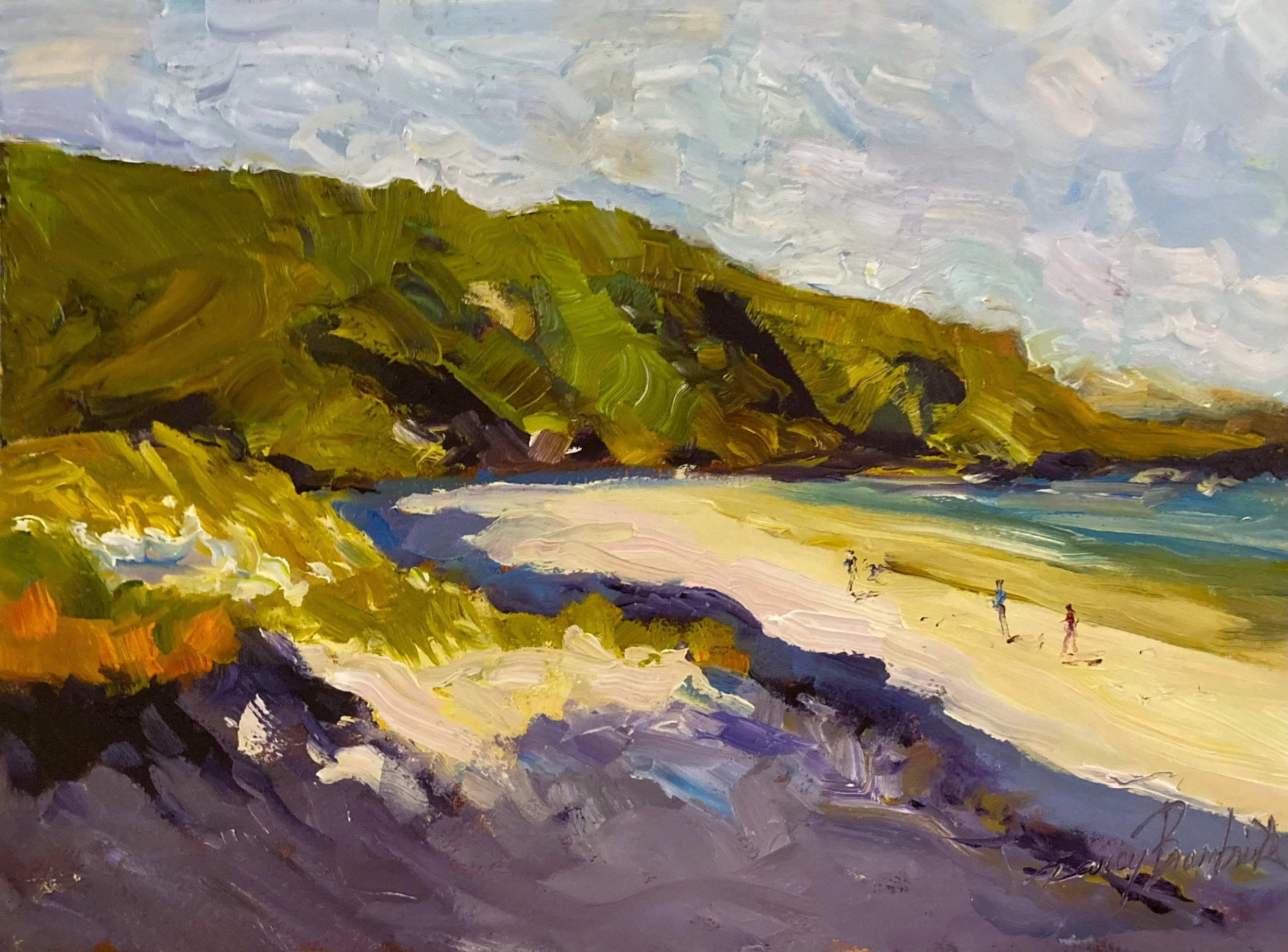 Impressionist painting of a beach with large green hills in the background, sandy shore, and a few people walking along the water.
