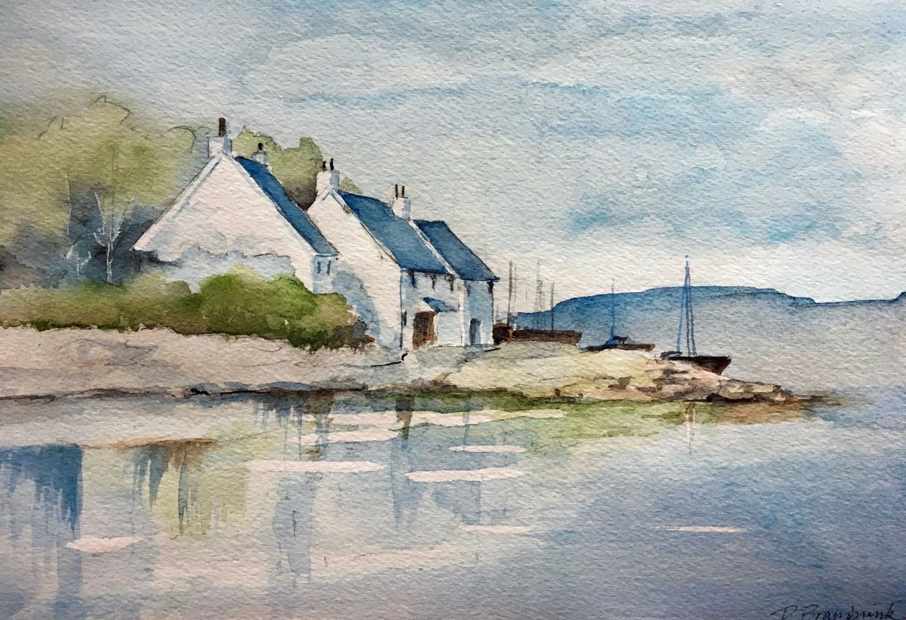 Watercolor painting of white houses with blue roofs by a waterfront, with boats in the water and mountains in the background.