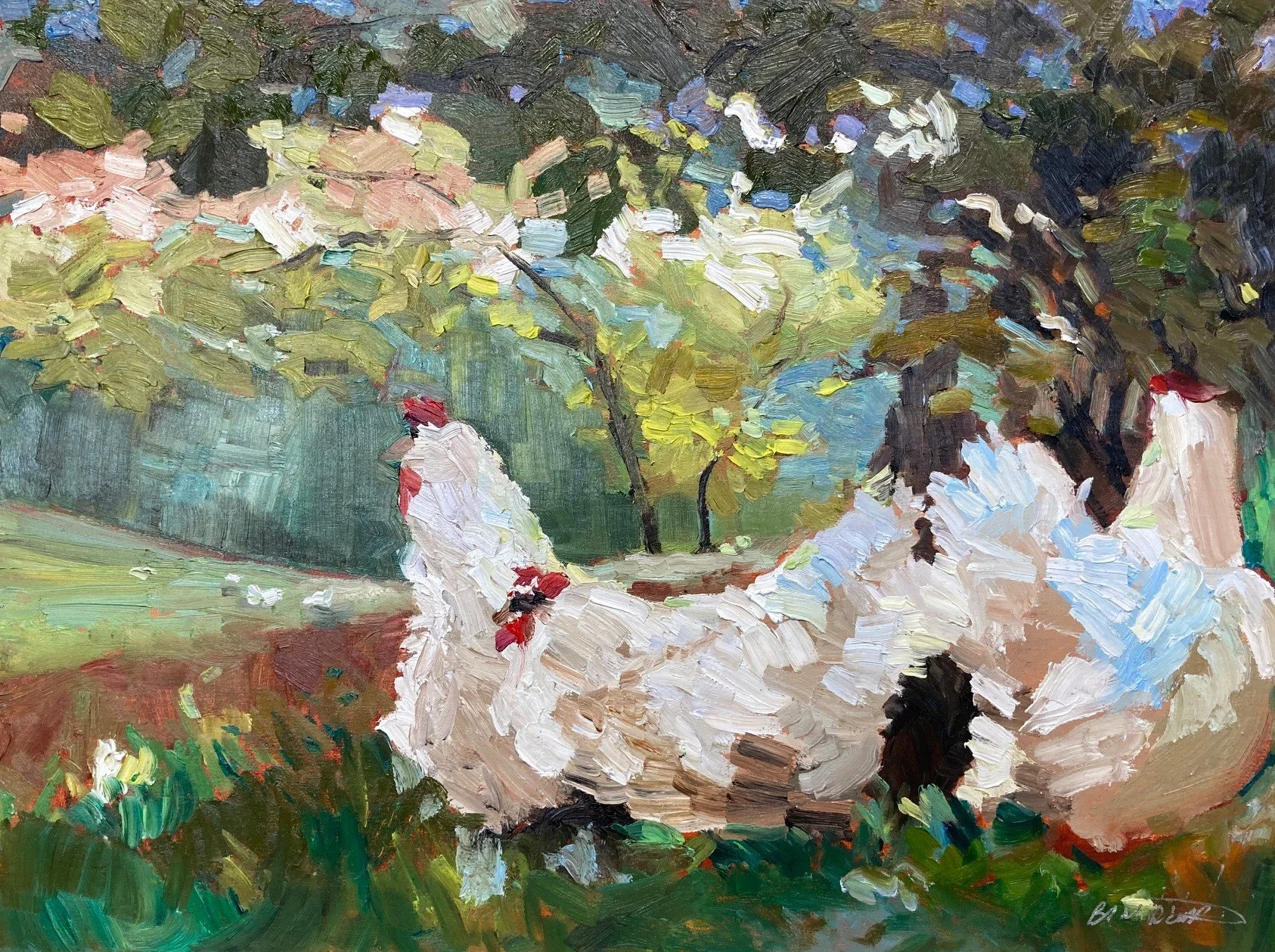 Impressionist painting of two white chickens with red combs standing in a grassy yard, with trees and foliage in the background.