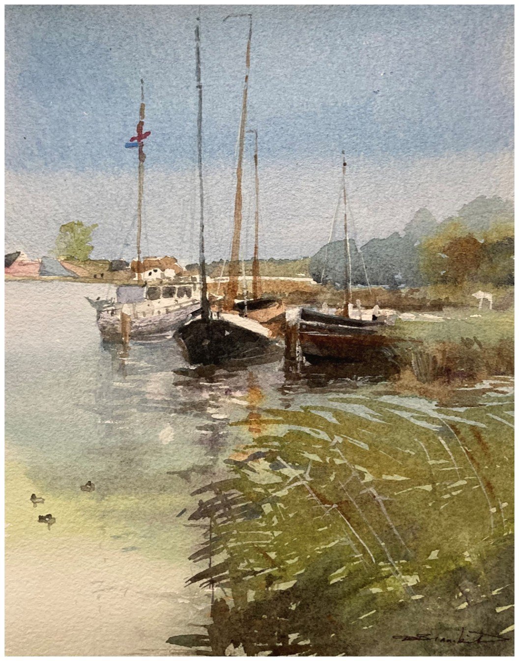 Watercolor painting of boats docked along a calm river with a clear sky and trees in the background.