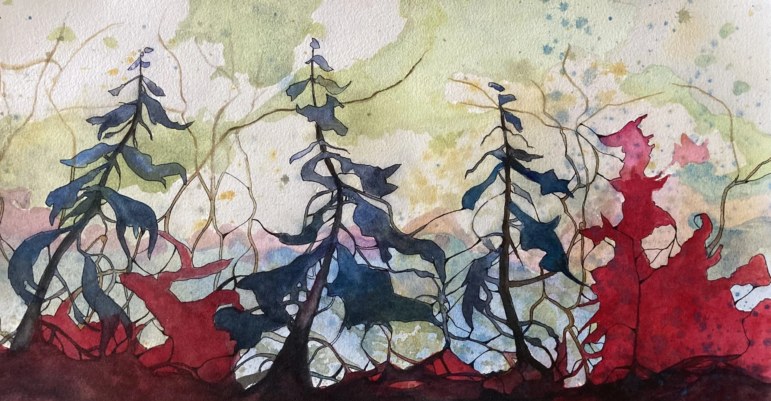 Watercolor painting of trees with red and blue leaves, with a colorful, splattered background.