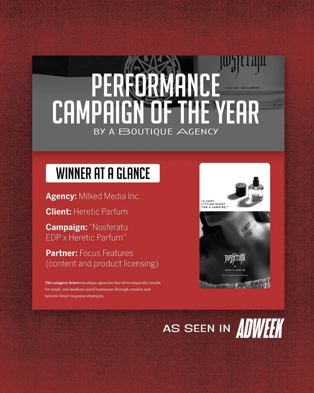 A proud moment for our team 🏆✨⁠
⁠
Milked Media was featured by AdWeek as part of the 2025 Meta Agency Awards, recognizing our work with @hereticparfum as Best Performance Campaign of the Year (Boutique Agency)⁠.⁠
⁠
This campaign combined cinematic s