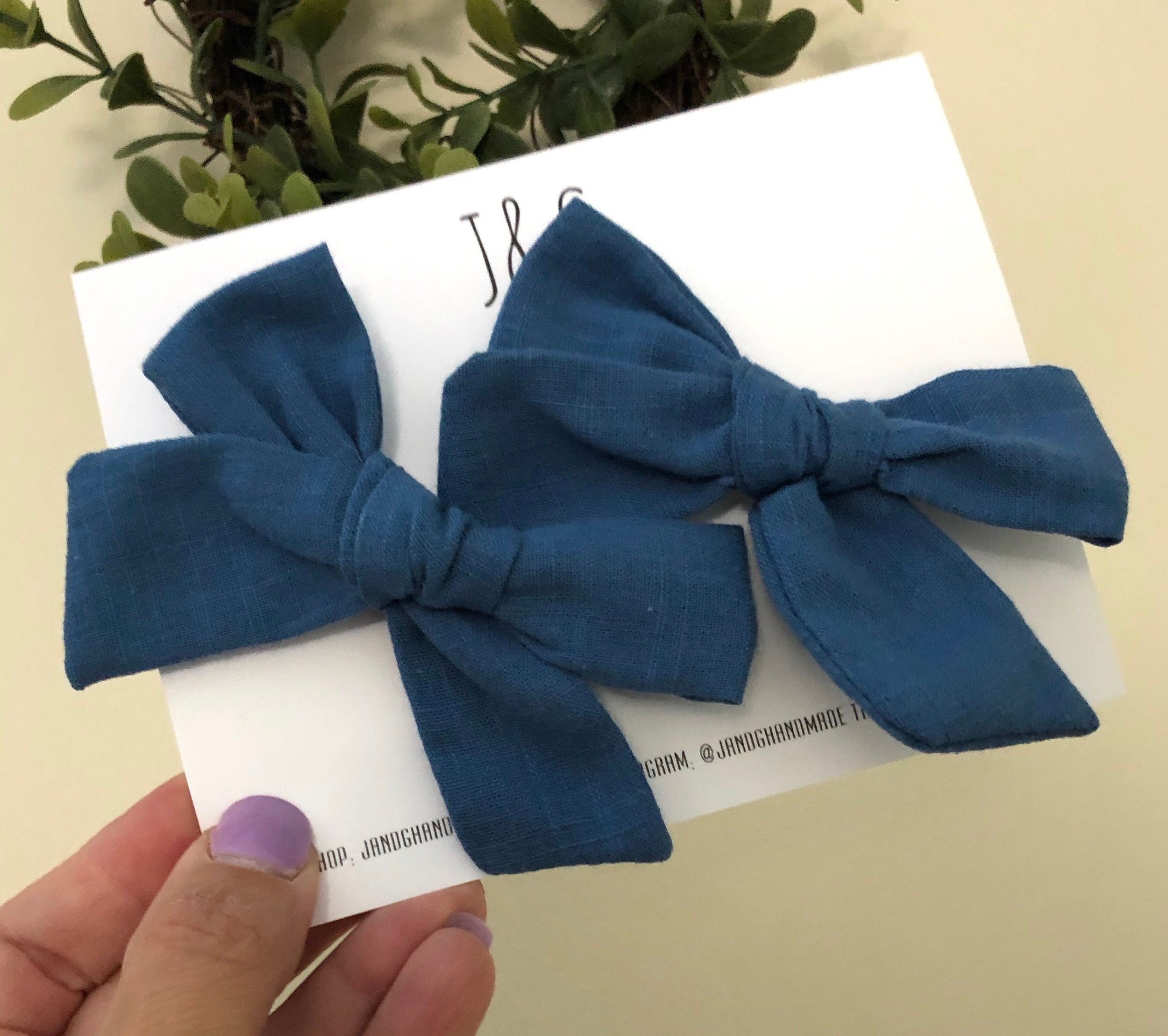 Blue Linen Fabric Sewn Hair Bow Clip Set or Single Bow, Pigtail Bows for Baby/Child/Girl/Infant, Pigtail Set for Girl, Bow Clips