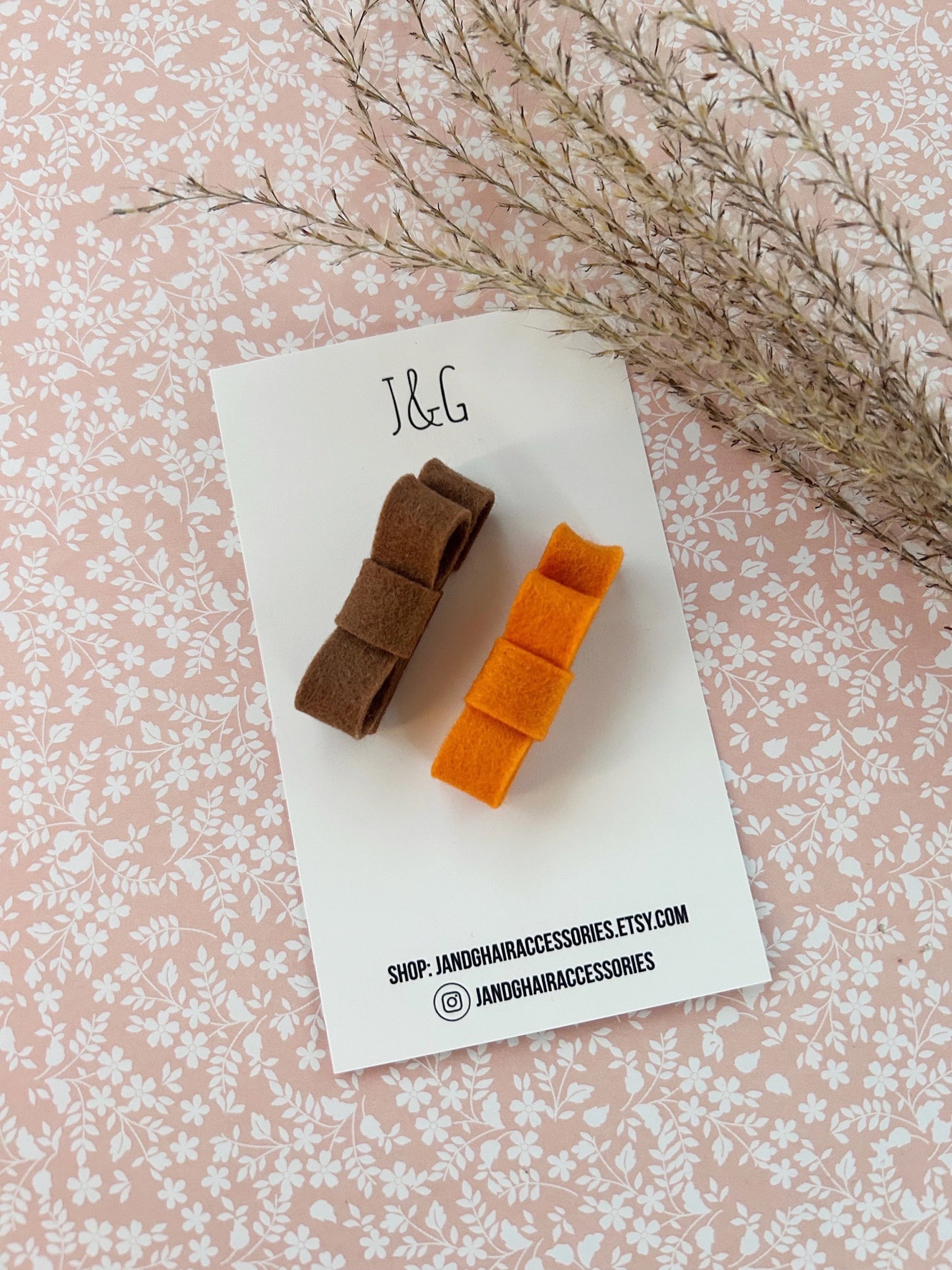 Brown and Orange Felt Ribbon Bows, Alligator Hair Clip Set for Child/Girl, Holiday Felt Hair Clip, Felt Ribbon Hair Clip, Unique Accessories