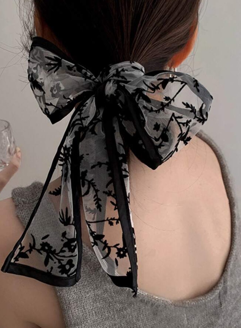 Black Velvet Ponytail Hair Scarf for Women, Floral Hair Scarf, Scarf Ponytail Holder, Dressy Hair Scarf, Girlfriend Gift, Formal Hair Tie