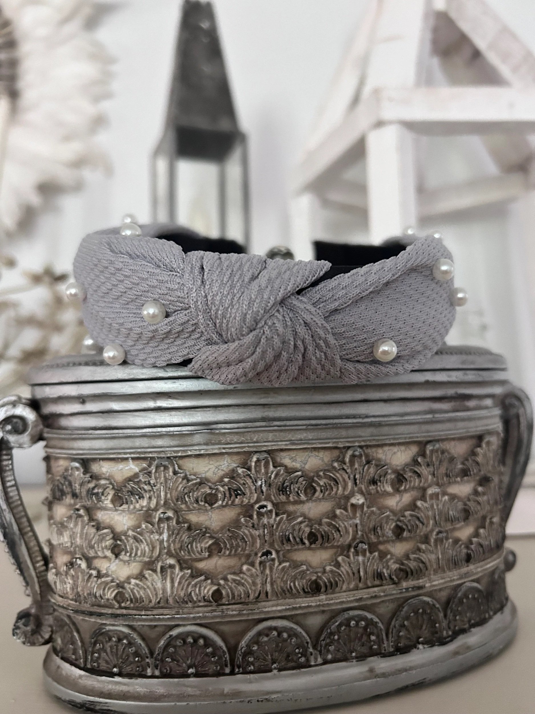 Gray Pearl Top Knot Headbands for Women, Dressy Top Knot Headband for Ladies, Girlfriend Gifts, Top Knot Winter Headband with Pearls, Hair Gifts