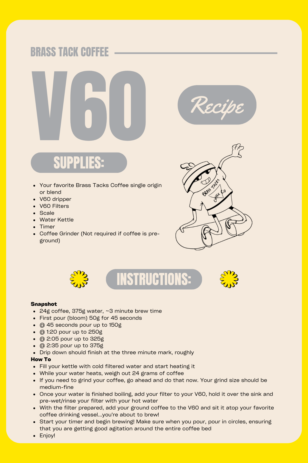 A recipe card for making V60 coffee with text, a cartoon character wearing a hat and sunglasses, sitting on a skateboard, and some decorative yellow sun-like symbols.