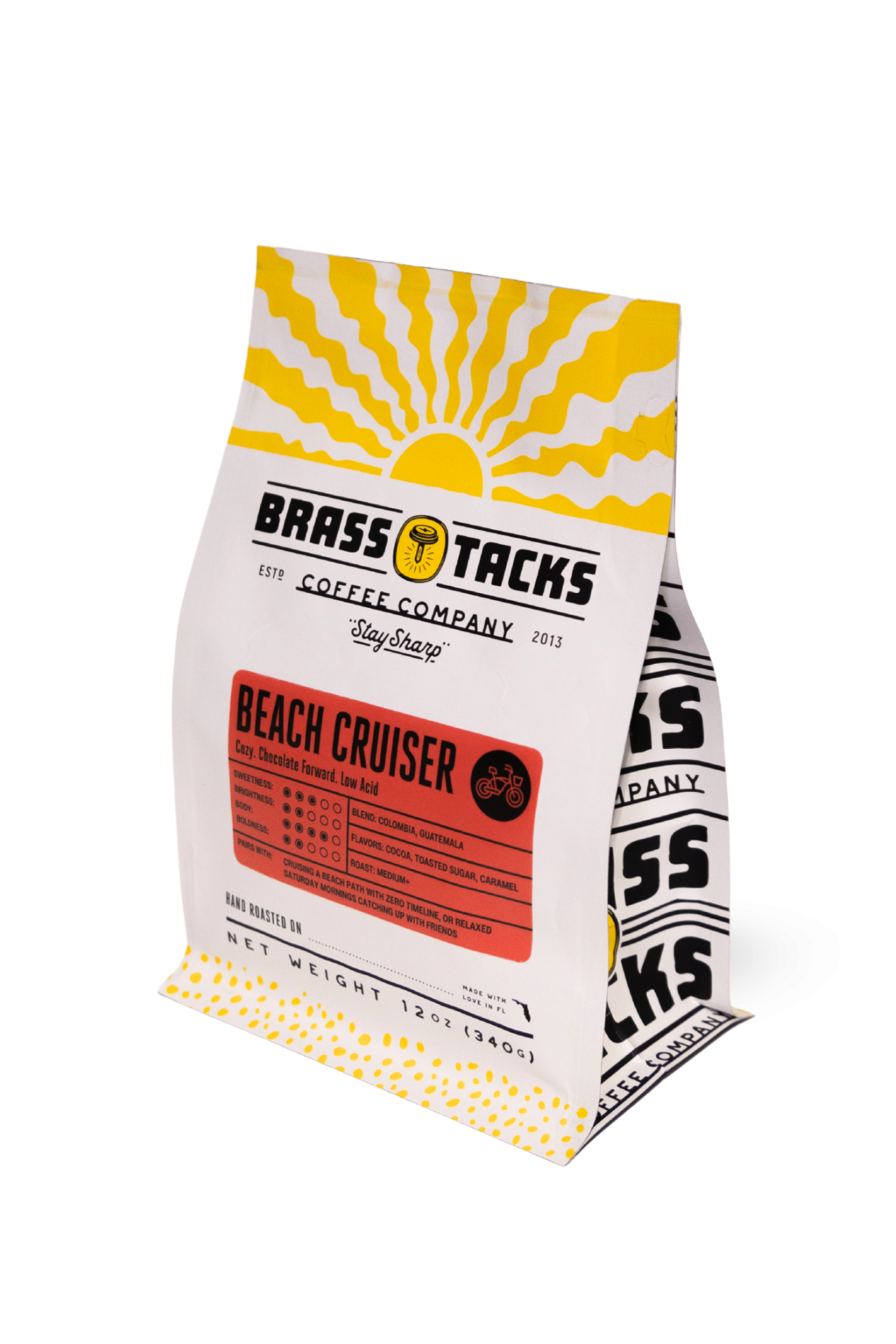 Side view of Beach Cruiser coffee bag highlighting packaging and roast information.png