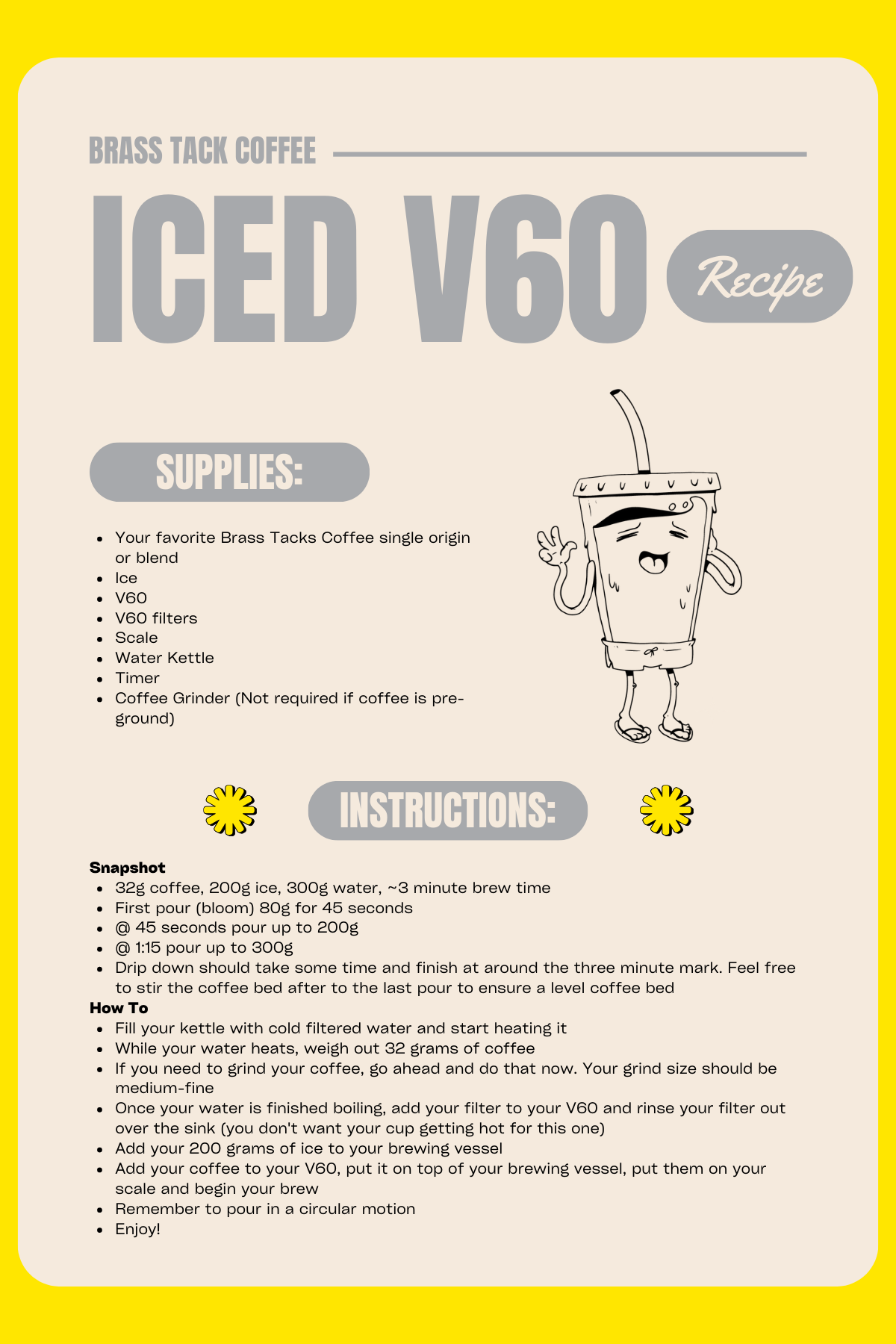 A recipe sheet for iced V60 coffee from Brass Tacks Coffee featuring instructions, supplies, and a cartoon cup with a straw. The background is mainly beige with a yellow border.