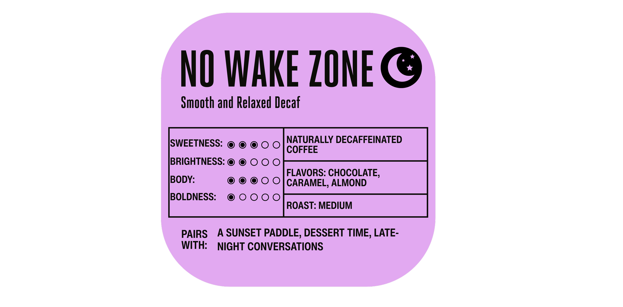 Close up of the No Wake Zone decaf coffee label.png