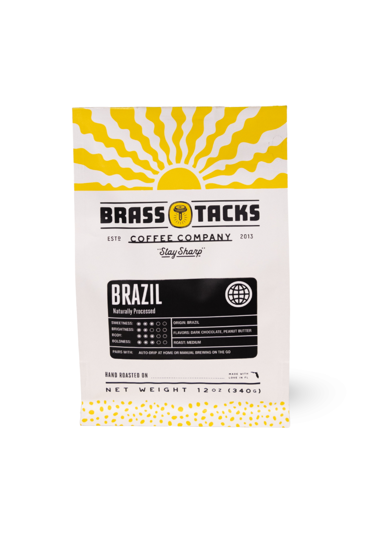 Bag of Brass Tacks Brazil Single Origin coffee beans, freshly roasted medium roast coffee.png