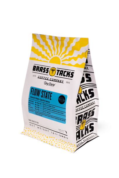 Flow State Espresso Blend coffee bag, freshly roasted specialty espresso with caramel, milk chocolate, and gentle citrus notes