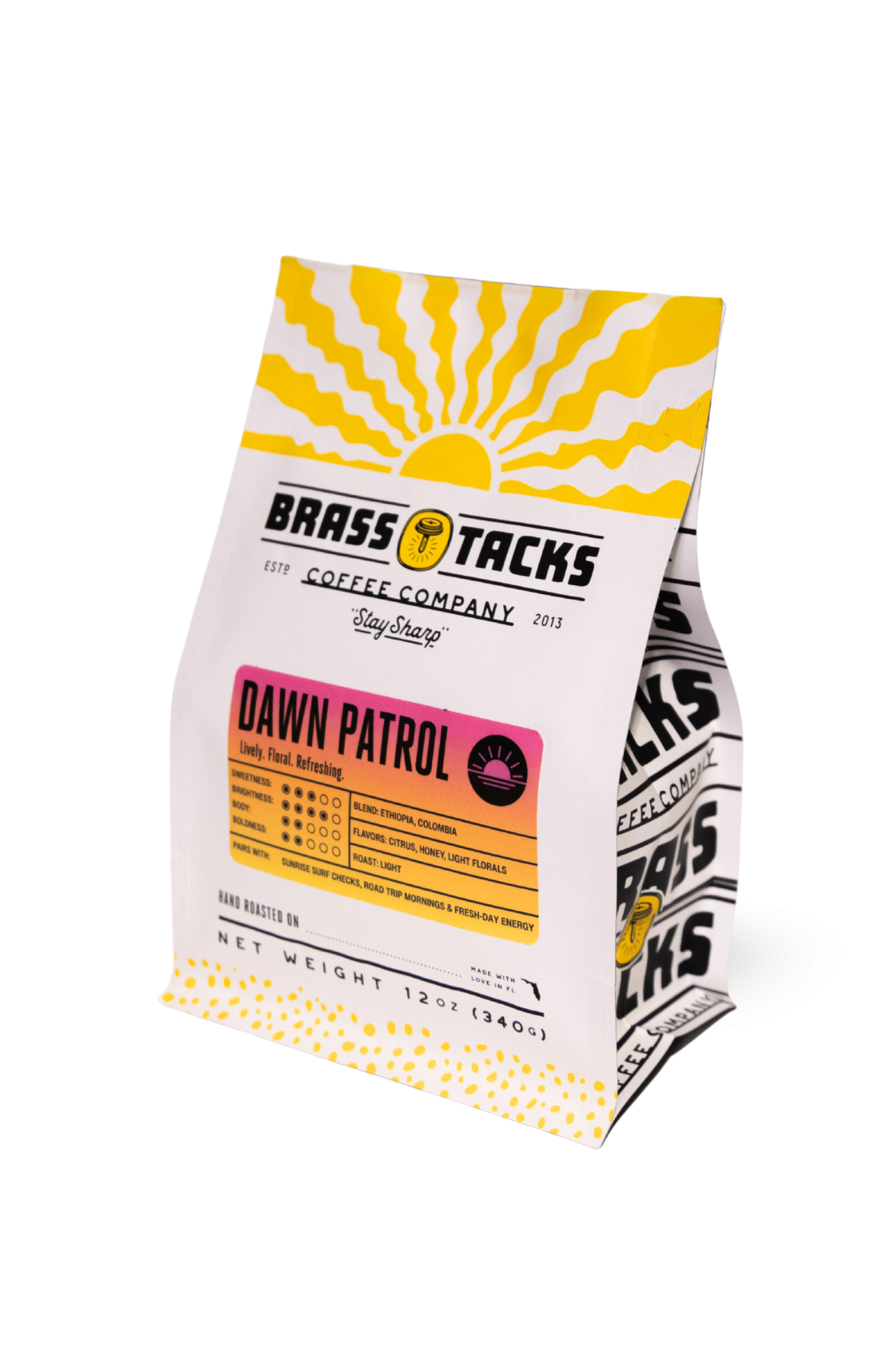 Side view of Dawn Patrol coffee bag highlighting roast information and packaging.png