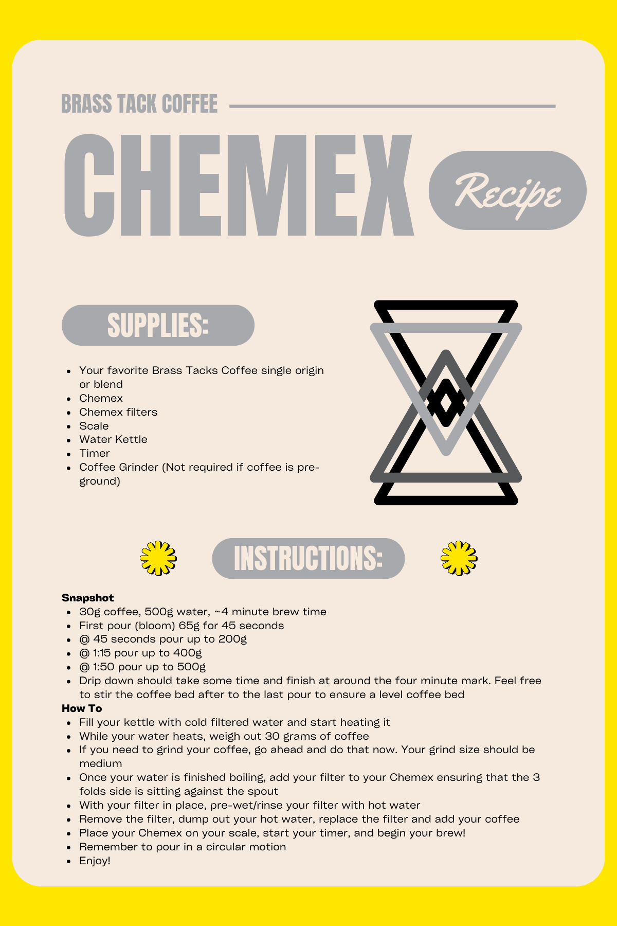 A recipe card for Chemex coffee with instructions and a simple illustration of a Chemex coffee maker. The card has a yellow border and a beige background.