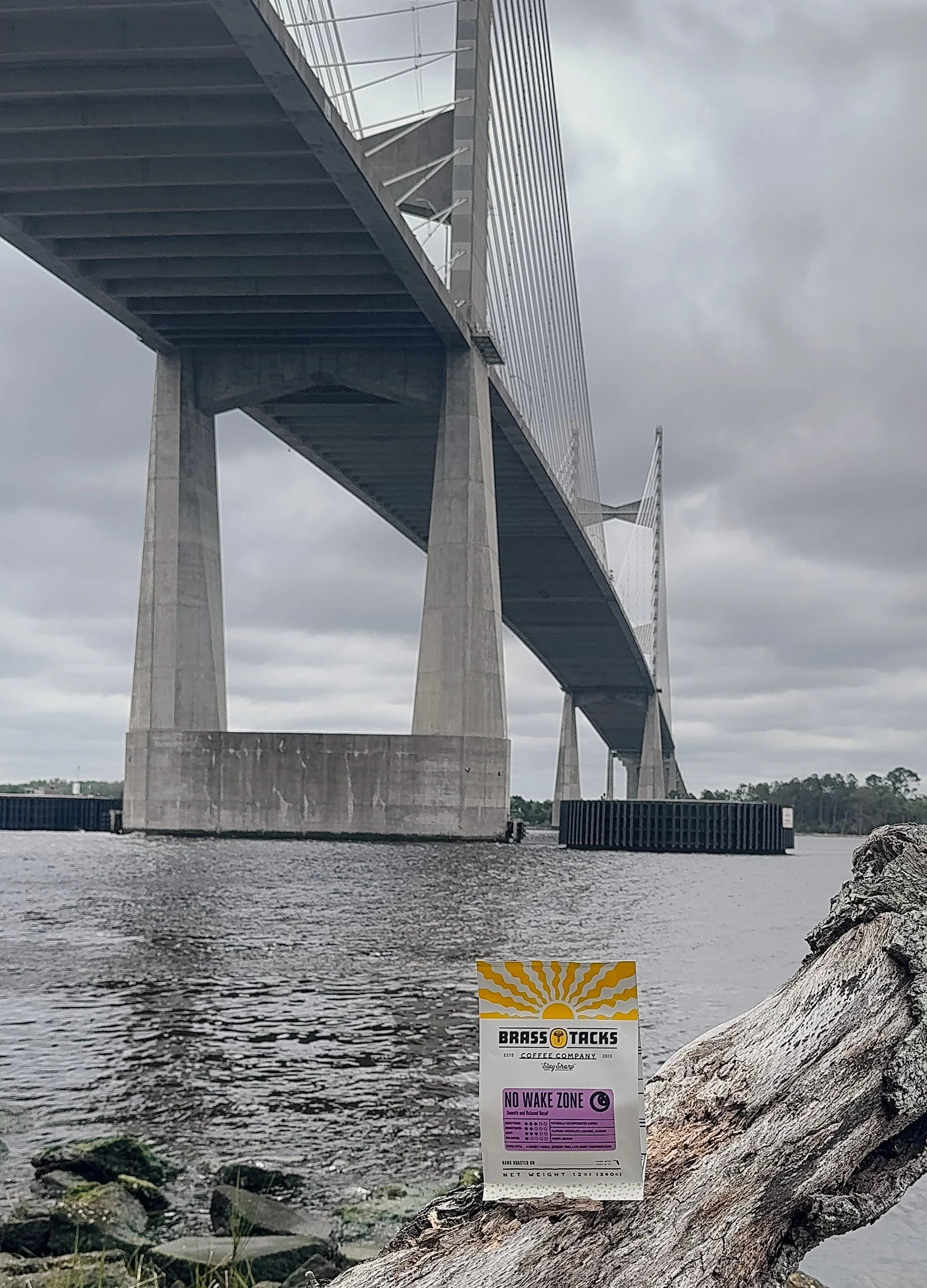 A view of a large bridge over a body of water with a cloudy sky overhead. There is a sign attached to a rock in the foreground that reads 'BRASS TACKS Coffee Company,' and includes a 'NO WAKE ZONE' notice, with yellow and purple graphics and text.