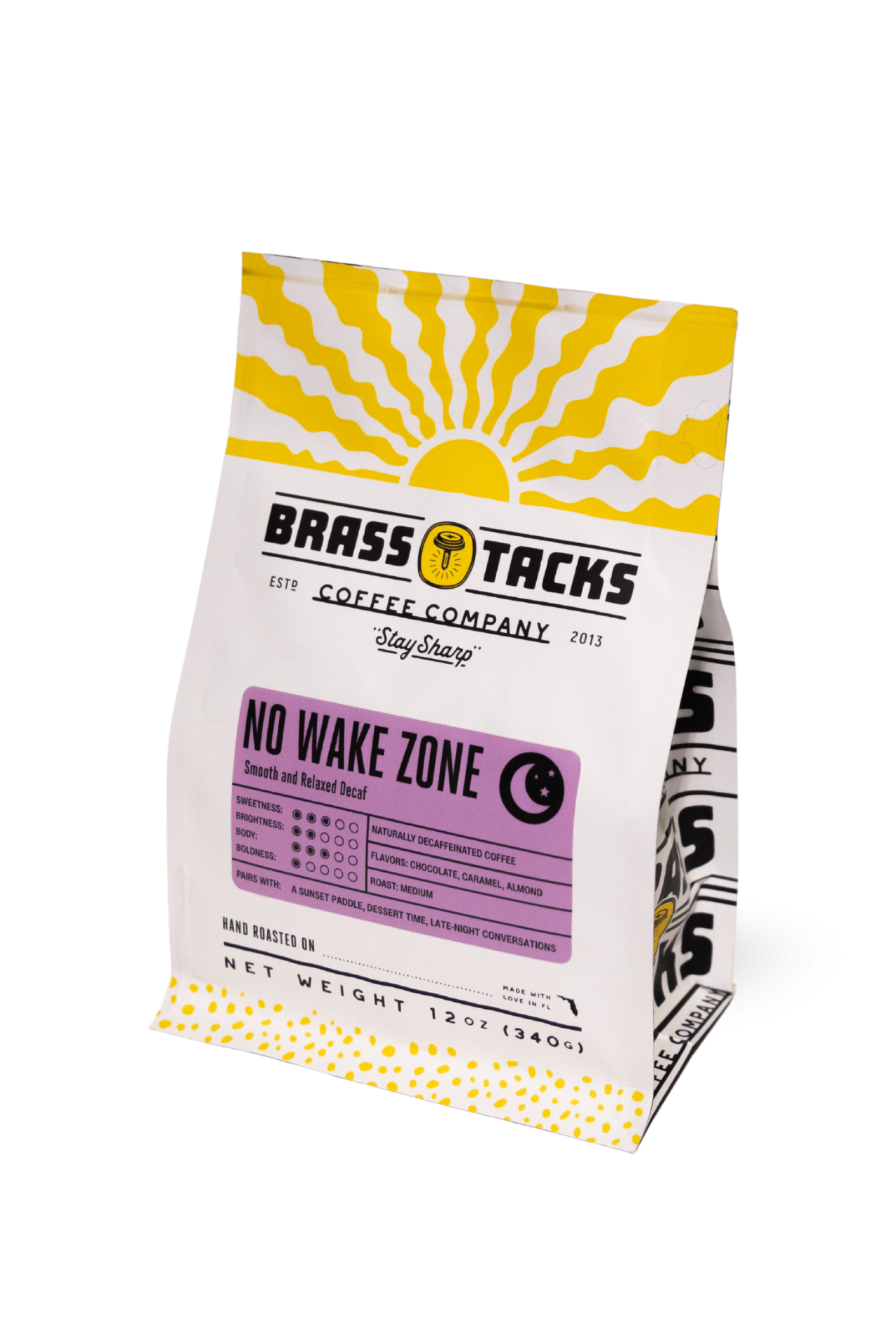 Side view of No Wake Zone Decaf bag highlighting packaging and roast info.png