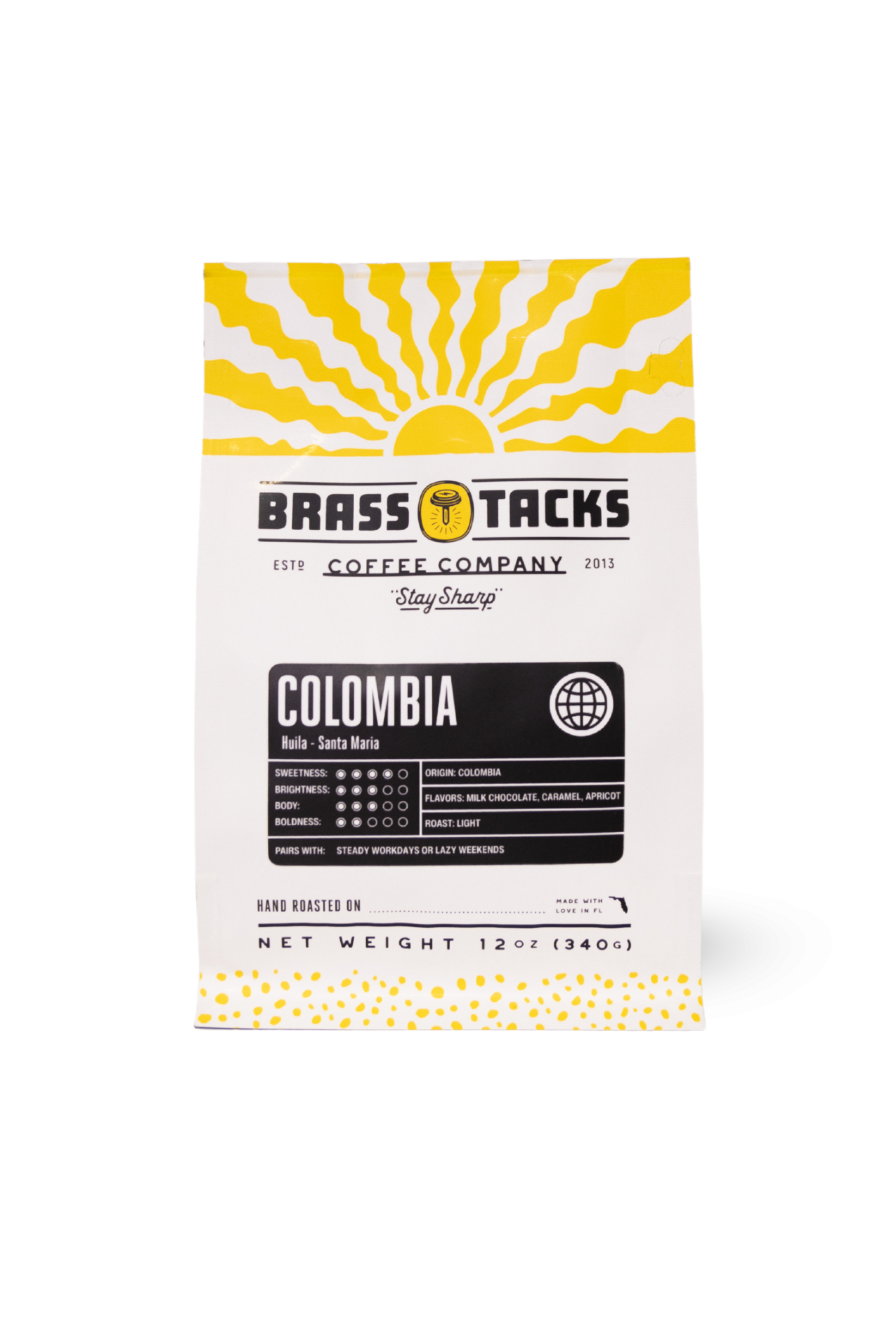 Bag of Brass Tacks Colombia Single Origin coffee beans, freshly roasted medium roast coffee