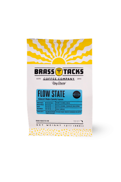 Bag of Brass Tacks flow state espresso coffee beans, freshly roasted medium roast coffee