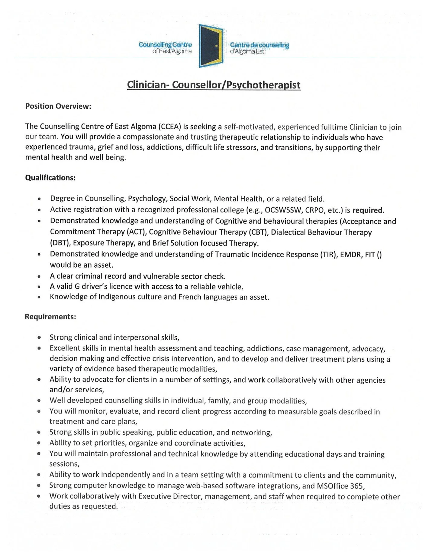 Apply today! Email Tiffany at tpatitucci@counsellingcentre.org