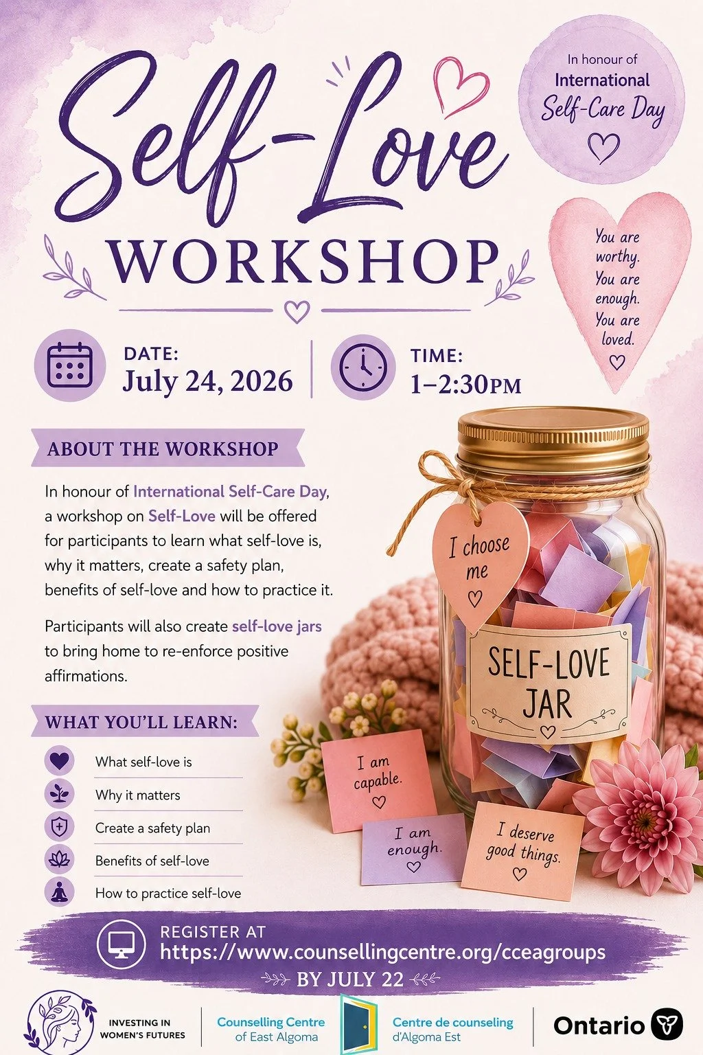 📣 Discover What's Happening at the Counselling Centre of East Algoma!

Looking for opportunities to learn, connect, grow, and support your well-being?

From workshops and support groups to community events, awareness presentations, and wellness acti