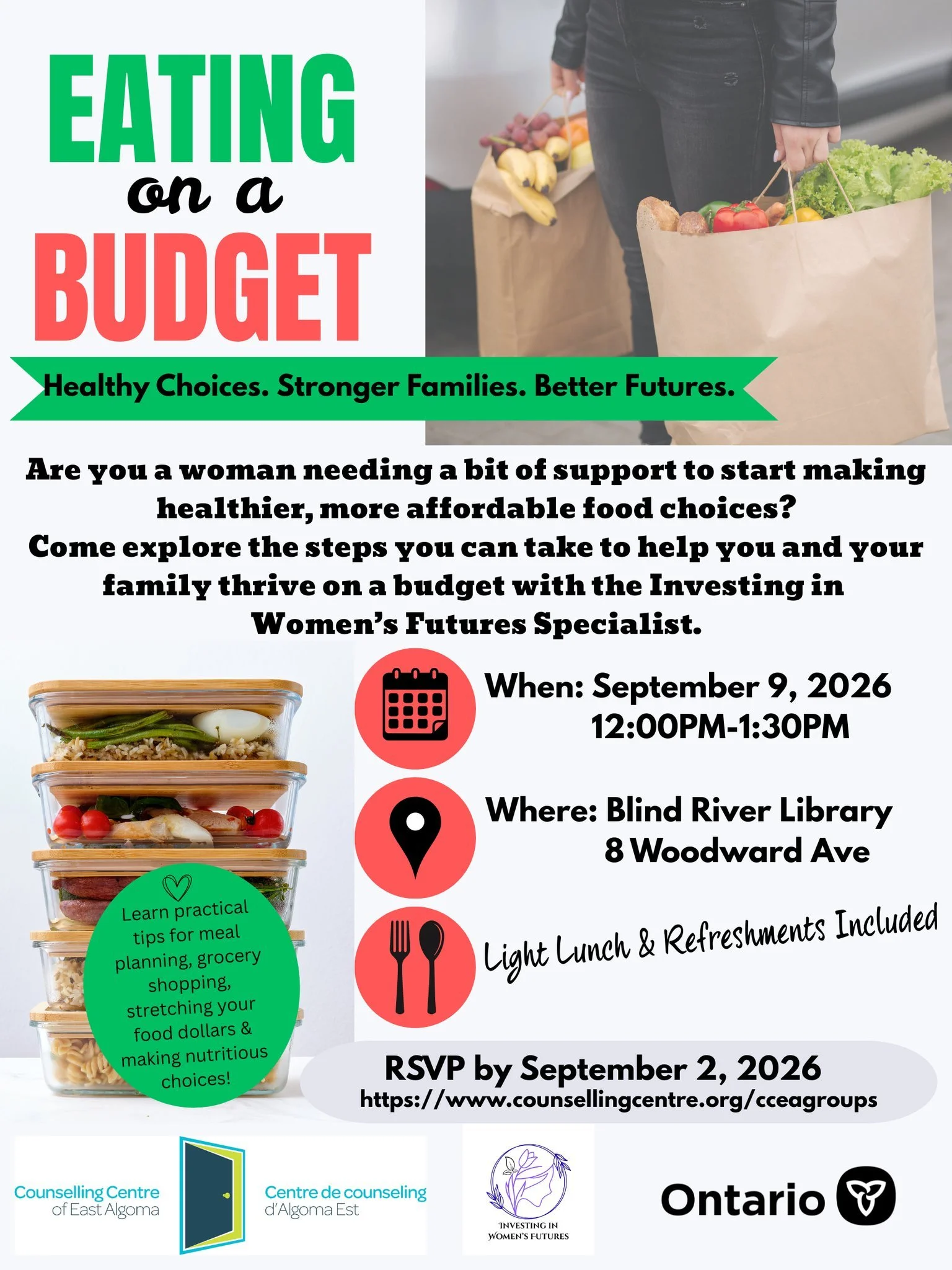 Grocery costs adding up? Let&rsquo;s talk about ways to make your food budget go further.

Join us in Blind River for Eating on a Budget &mdash; a FREE session for women looking for practical ways to make healthy, affordable food choices for themselv