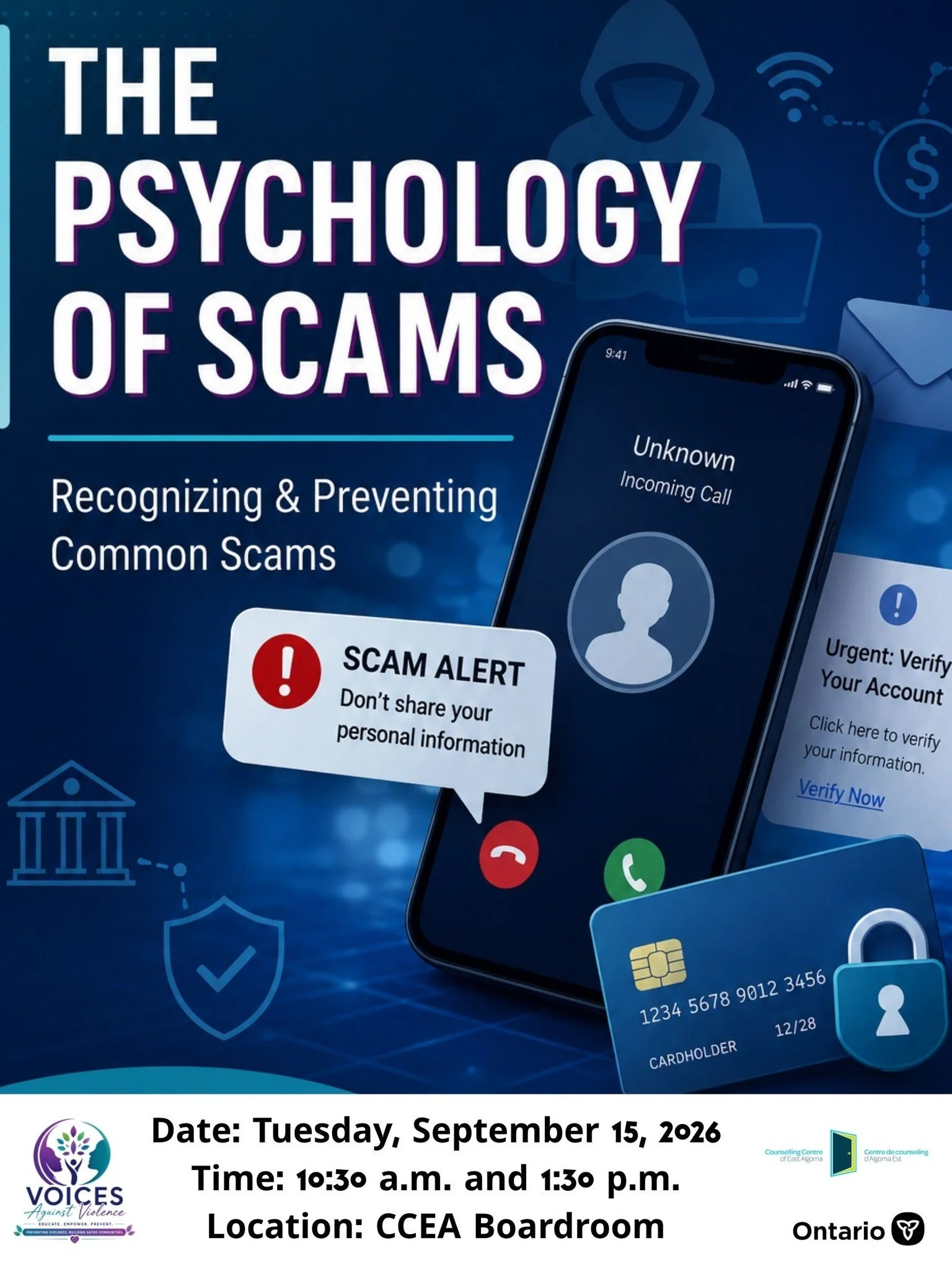 We have three free educational presentations coming up in September. Seating Limited. Register at: https://www.counsellingcentre.org/cceacommunity

The Psychology of Scams (Elliot Lake): Learn why scams can fool anyone and the psychological tactics s