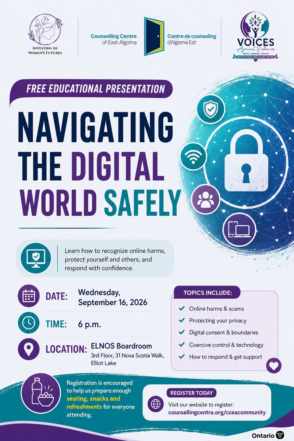 Learn how to navigate the digital world more safely and confidently. This free presentation explores common online harms, digital safety strategies, and practical ways to protect yourself and others. 
Register for this and other community presentatio