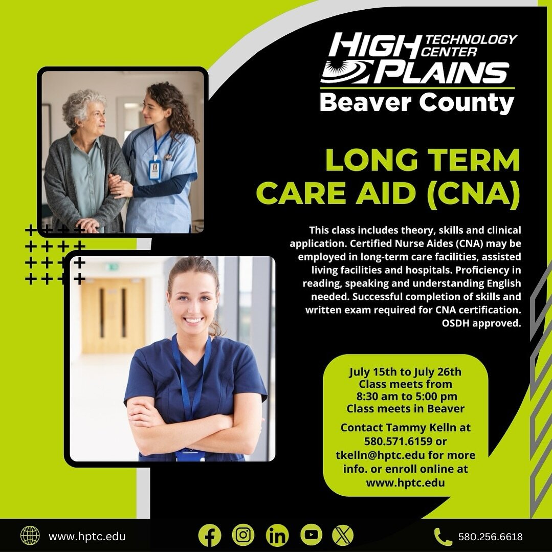 We are excited to announce our first class scheduled for Beaver County! 

Starting July 15th, we will provide a long-term care aide course in Beaver.

For more info. contact Tammy Kelln at 580.571.6159 or tkelln@hptc.edu. Enroll online today at https