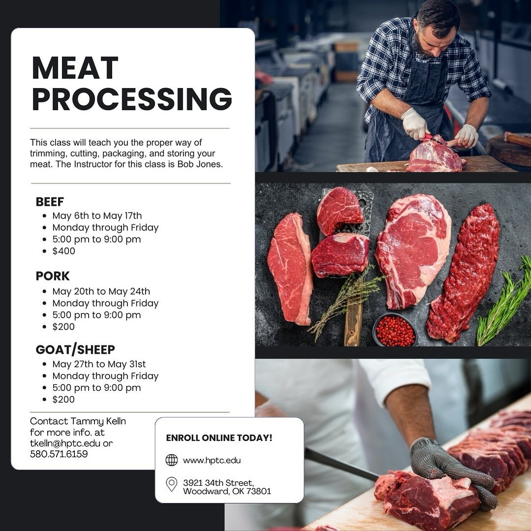 It&rsquo;s not too late to sign up for the Meat Processing Beef classes beginning this evening, May 6th at 5 pm. 

Contact Tammy to grab a spot at 580.571.6159.