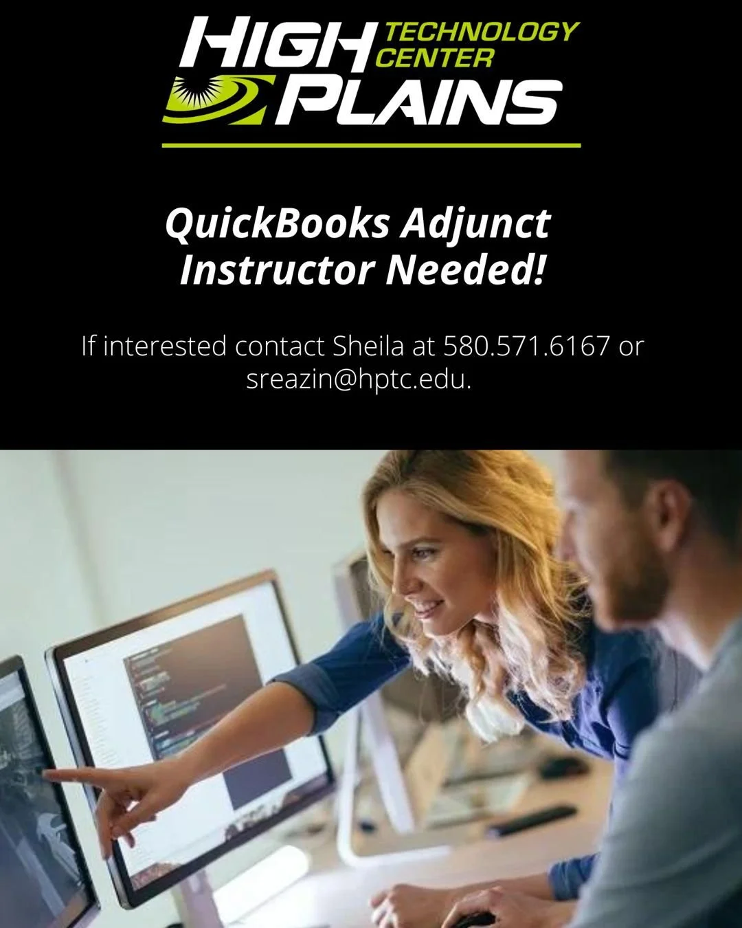 HPTC is looking for a QuickBooks instructor for our short-term and evening classes. If you&rsquo;re interested&mdash;or if you know someone who would be a great fit&mdash;please reach out to Sheila Reazin at 580-571-6167 or sreazin@hptc.edu
. 💻📊