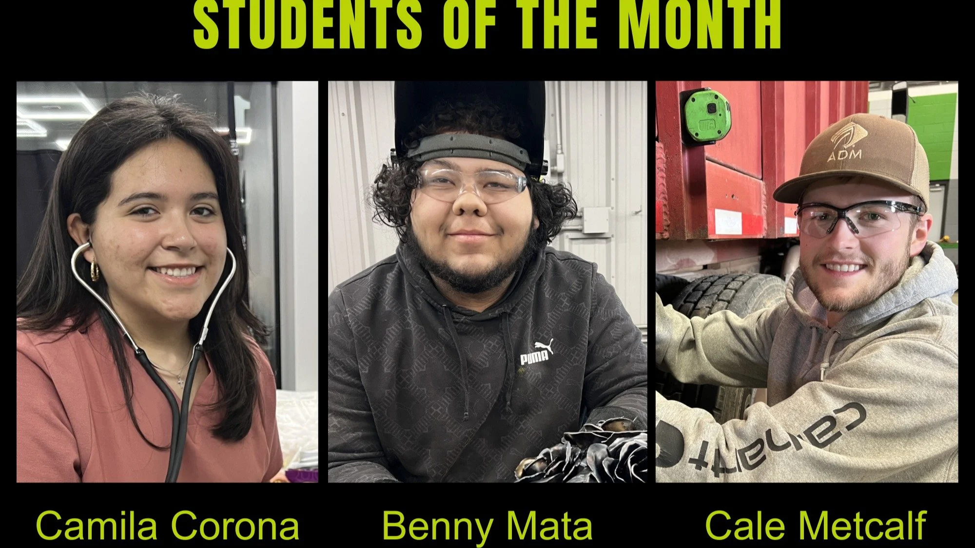 Congratulations to our December Students of the Month: Cale Metcalf, Benny Mata, and Camila Corona! 🎉
Cale Metcalf is an adult student from Hooker, Oklahoma, with a deep passion for his family farm. He plans to return home after completing his train